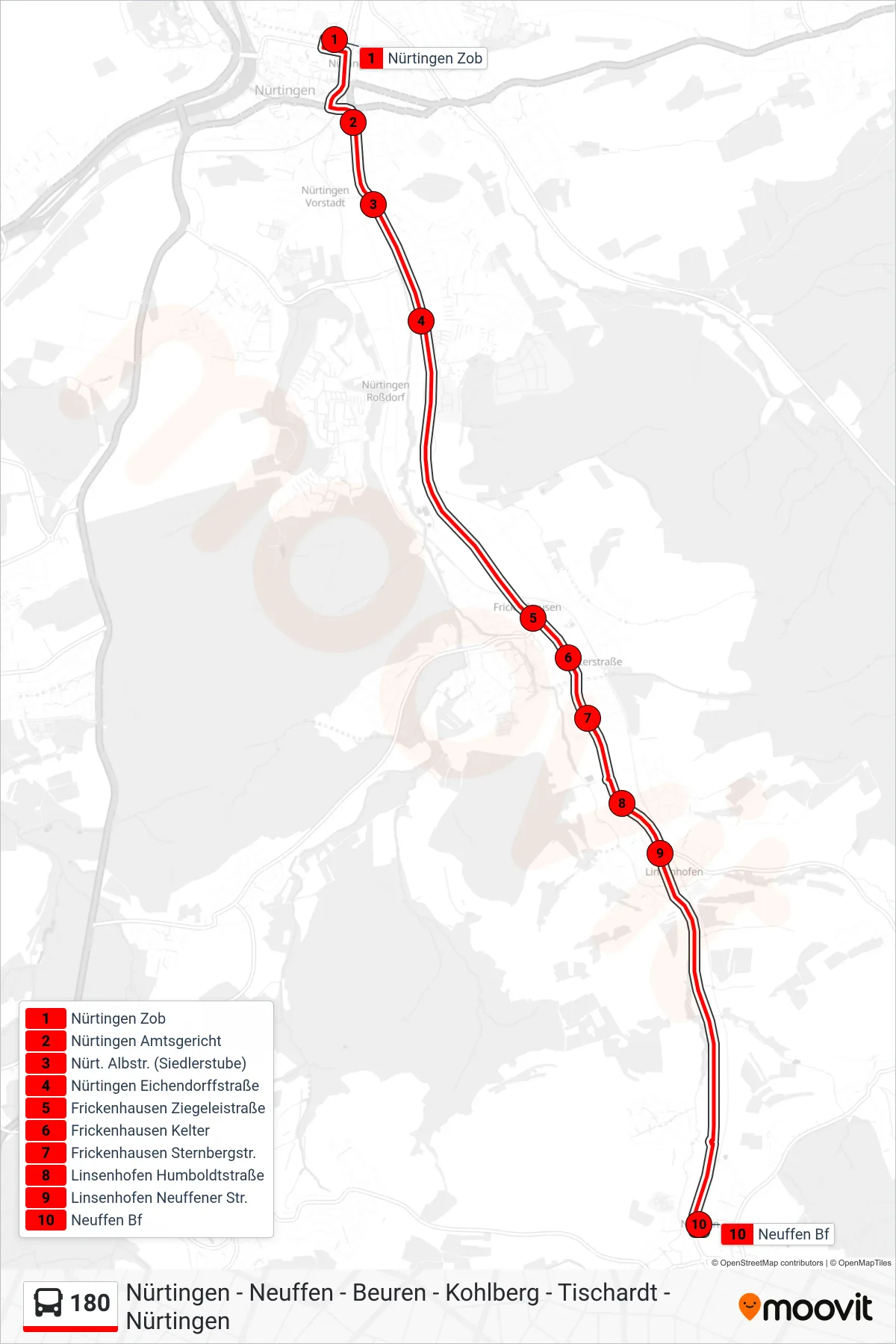 180 bus Line (Neuffen Bf) route and stops on a map