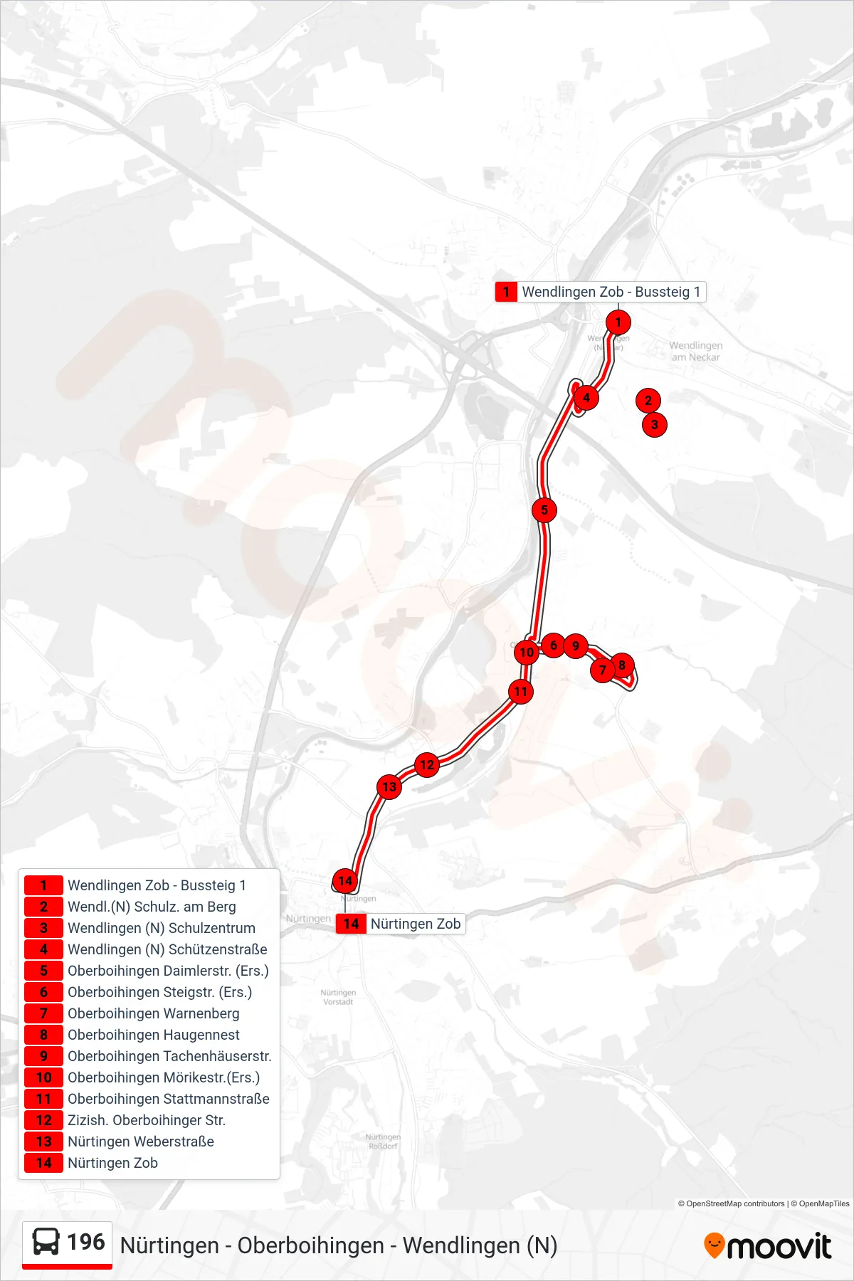 196 bus Line (Nürtingen Zob) route and stops on a map