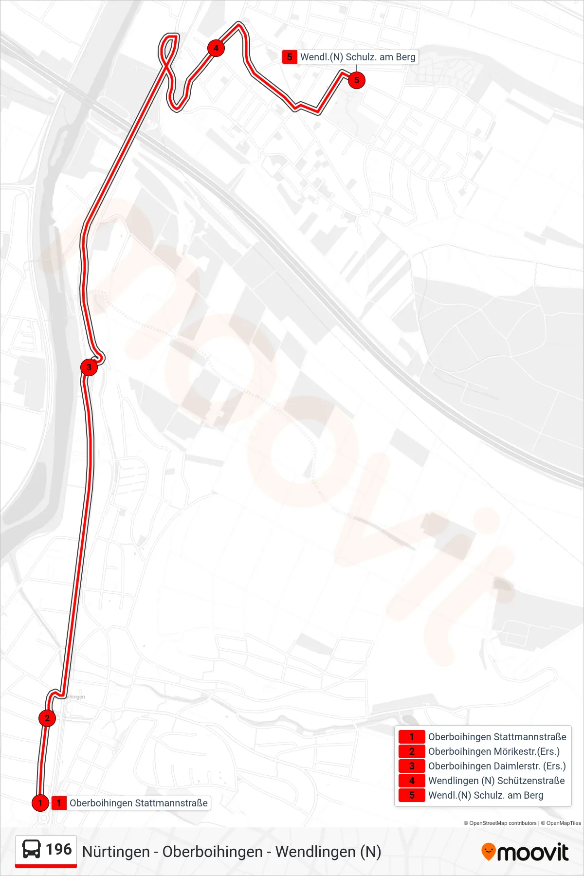 196 bus Line (Wendl.(N) Schulz. am Berg) route and stops on a map