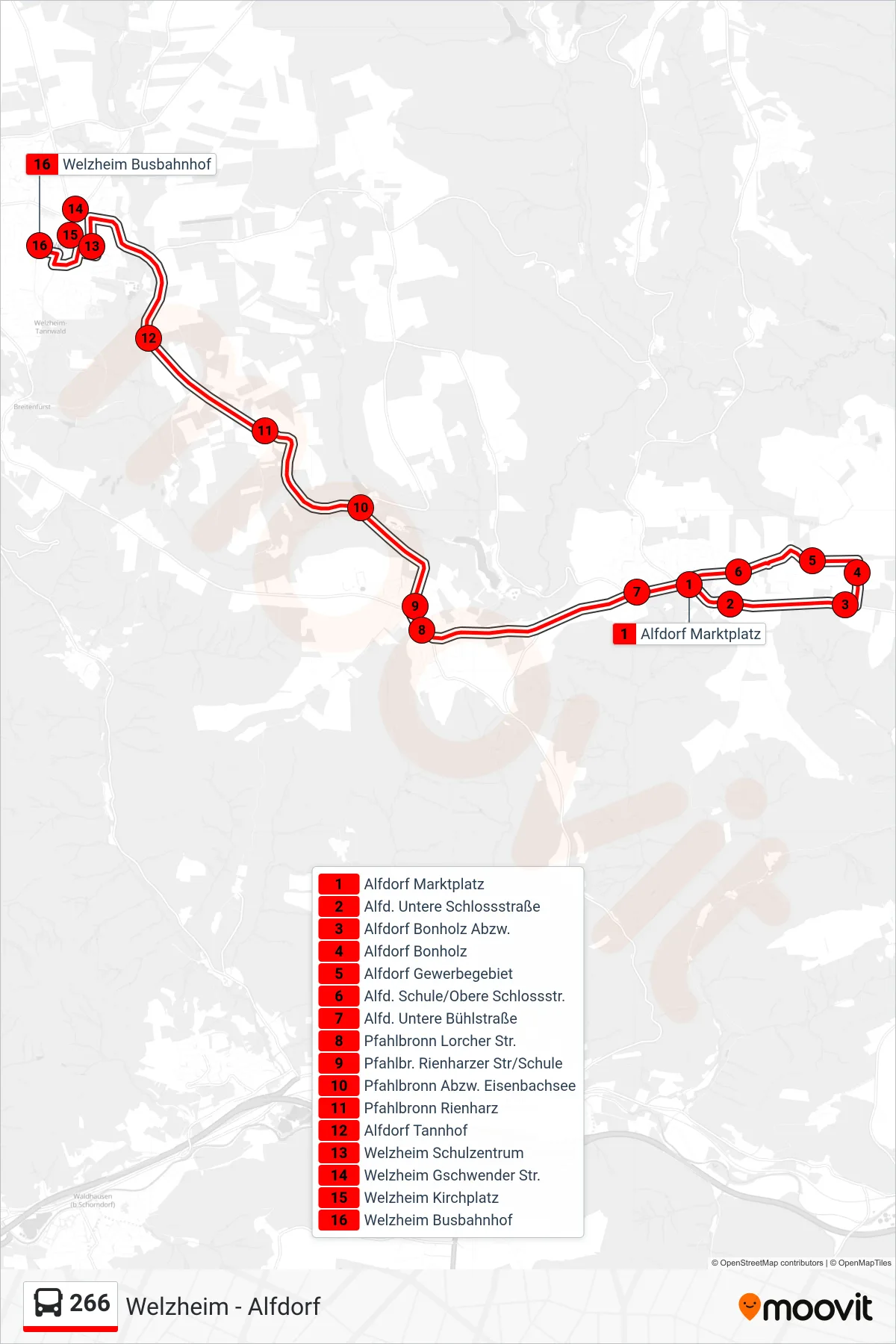 Linie 266 (Bus) Richtung Welzheim Busbahnhof: Route und Haltestellen auf der Karte