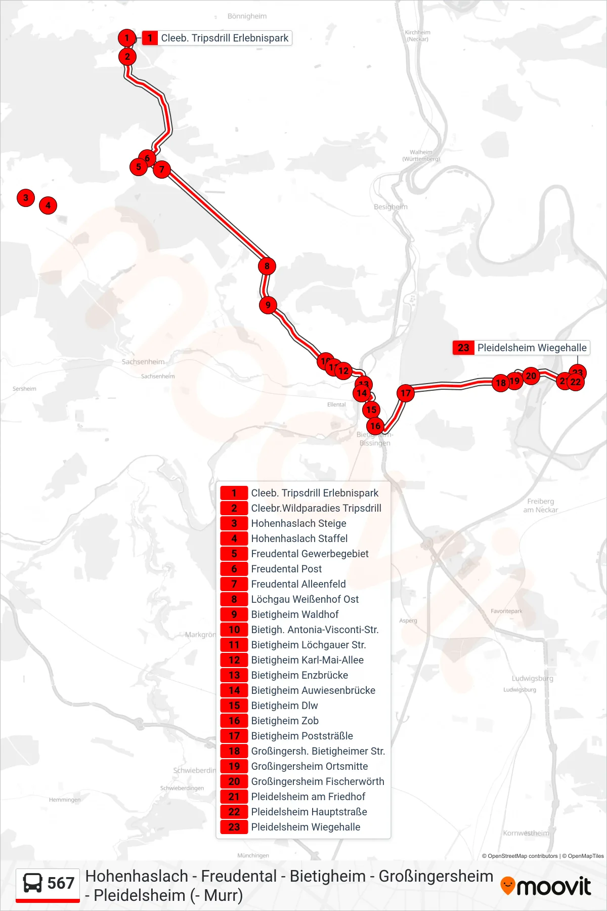 567 bus Line (Pleidelsheim Wiegehalle) route and stops on a map