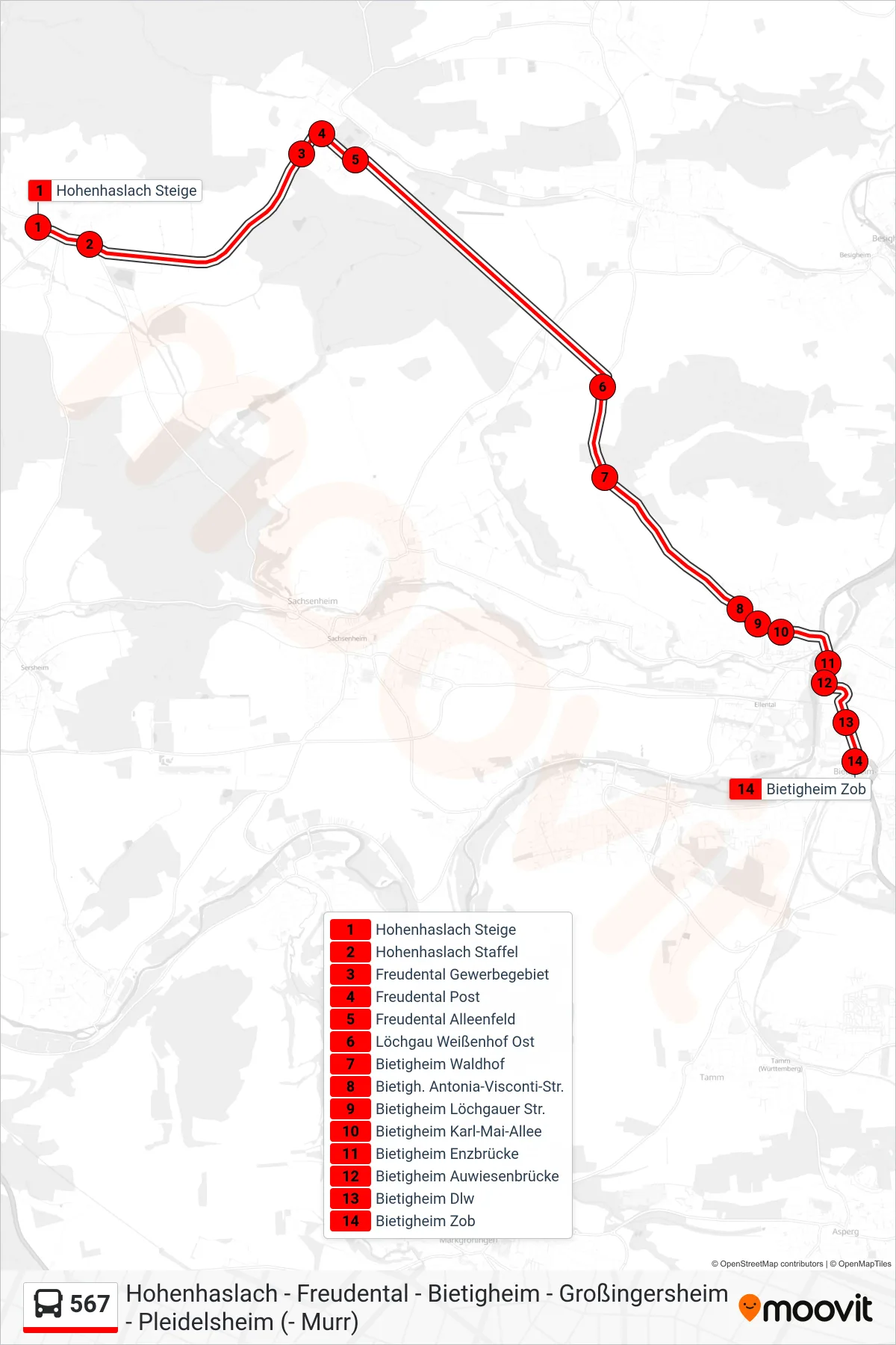 567 bus Line (Bietigheim Zob) route and stops on a map