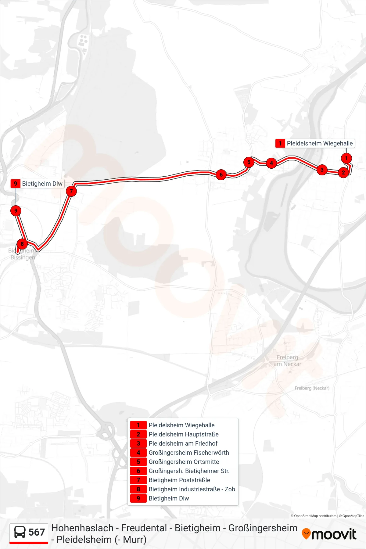 567 bus Line (Bietigheim Dlw) route and stops on a map