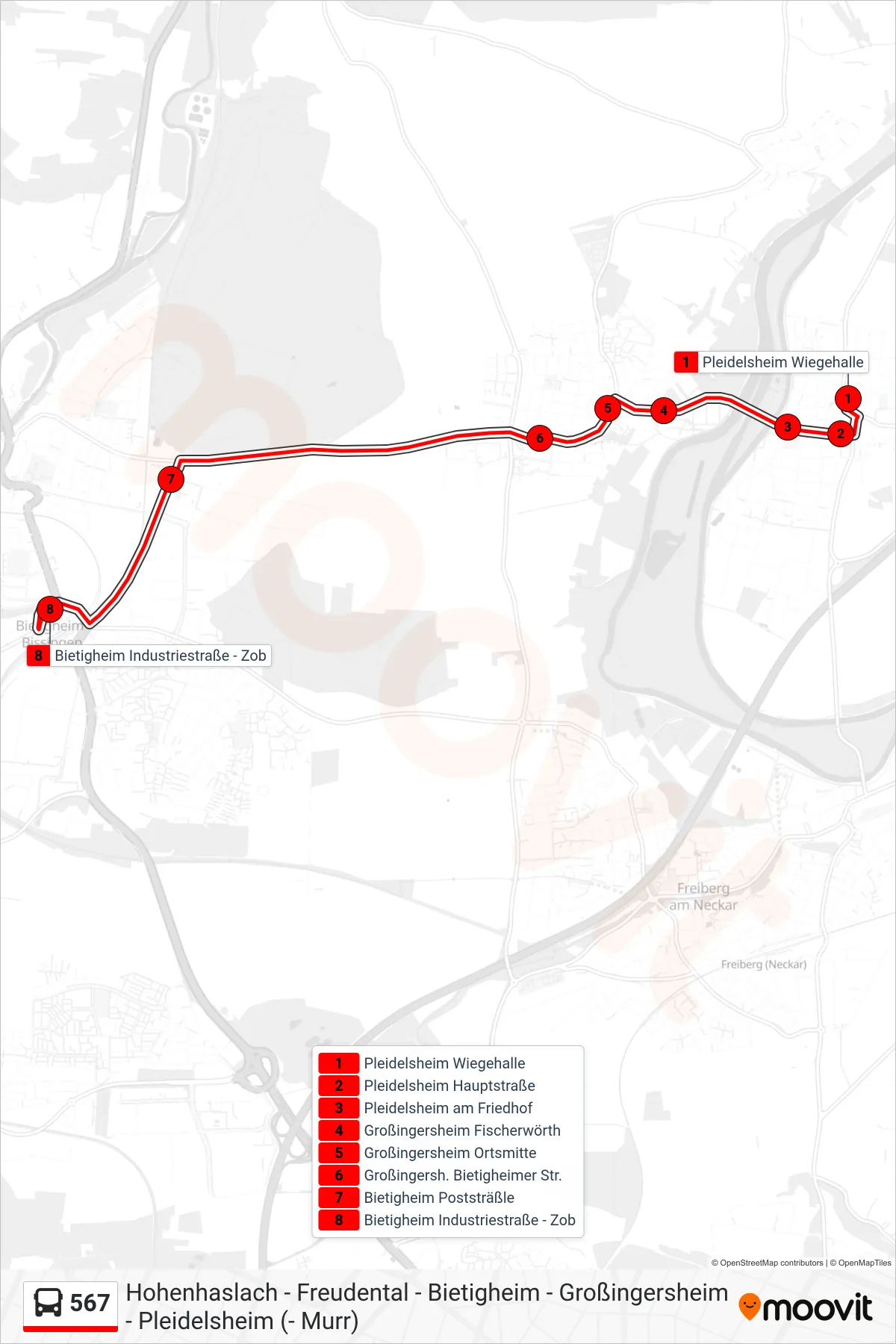 567 bus Line (Bietigheim Zob) route and stops on a map