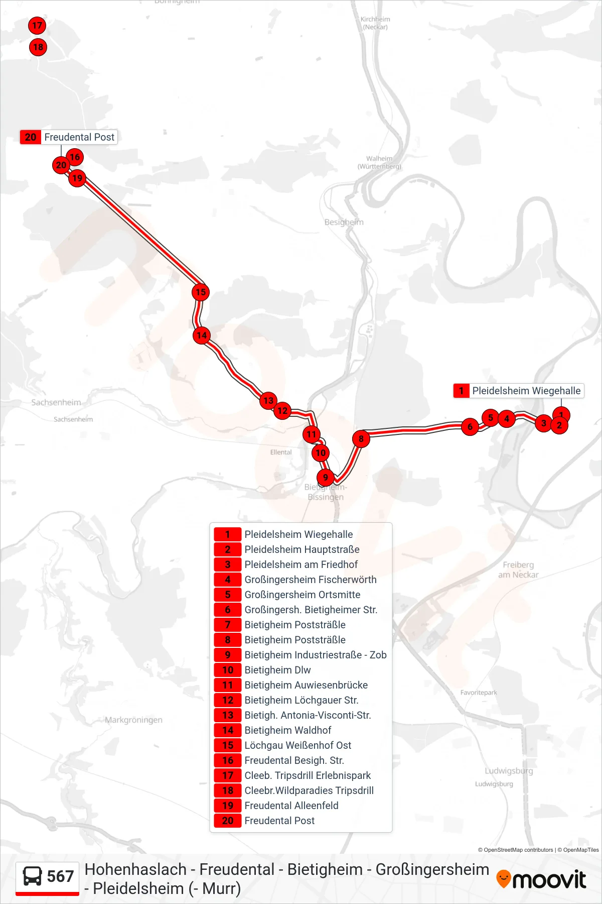 567 bus Line (Freudental Post) route and stops on a map