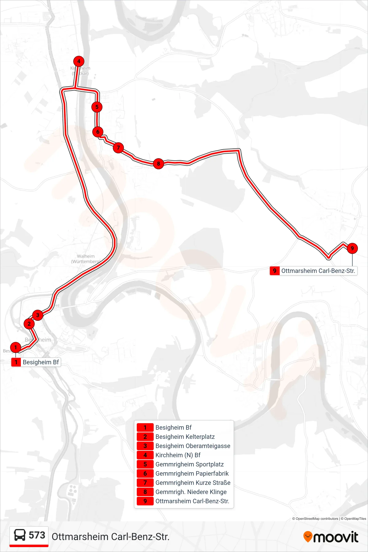 573 bus Line (Ottmarsheim Carl-Benz-Str.) route and stops on a map