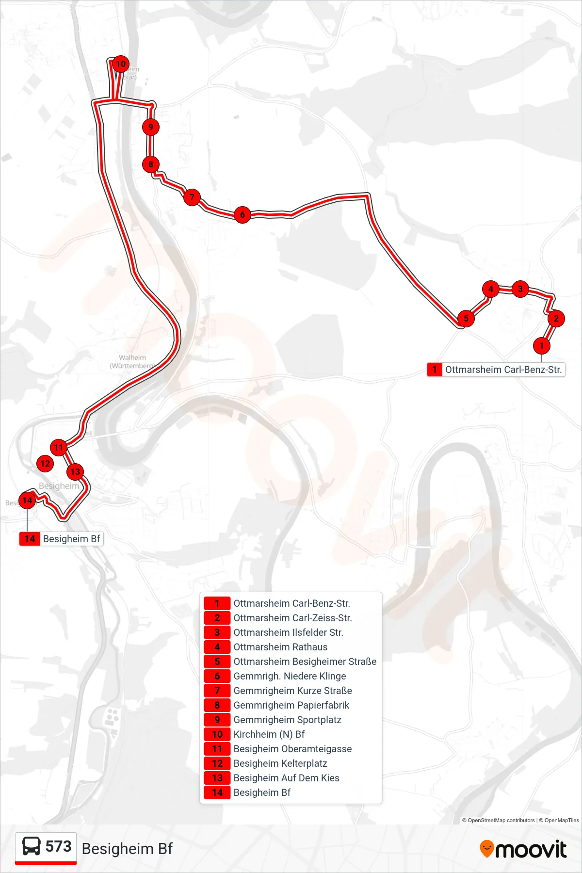 Linie 573 (Bus) Richtung Besigheim Bf: Route und Haltestellen auf der Karte