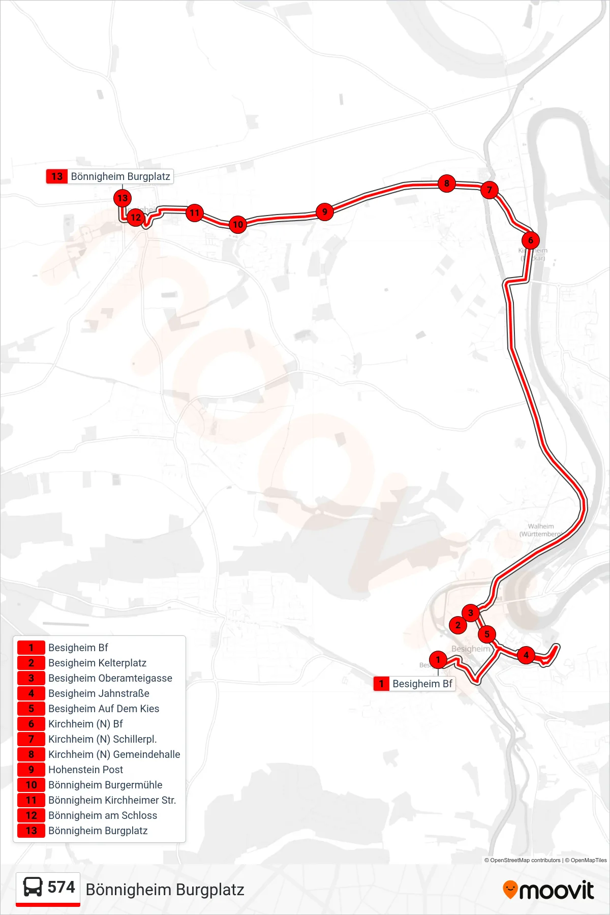 Linie 574 (Bus) Richtung Bönnigheim Burgplatz: Route und Haltestellen auf der Karte