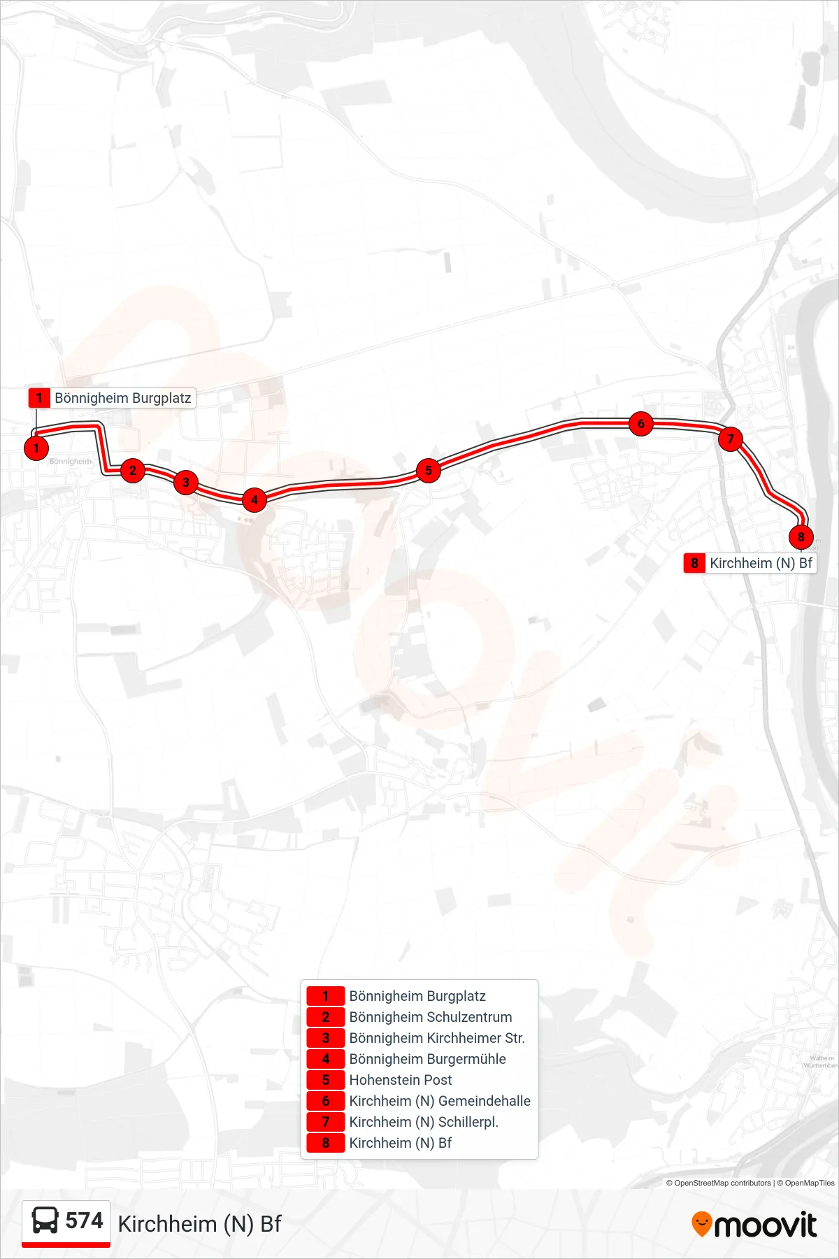 574 bus Line (Kirchheim (N) Bf) route and stops on a map