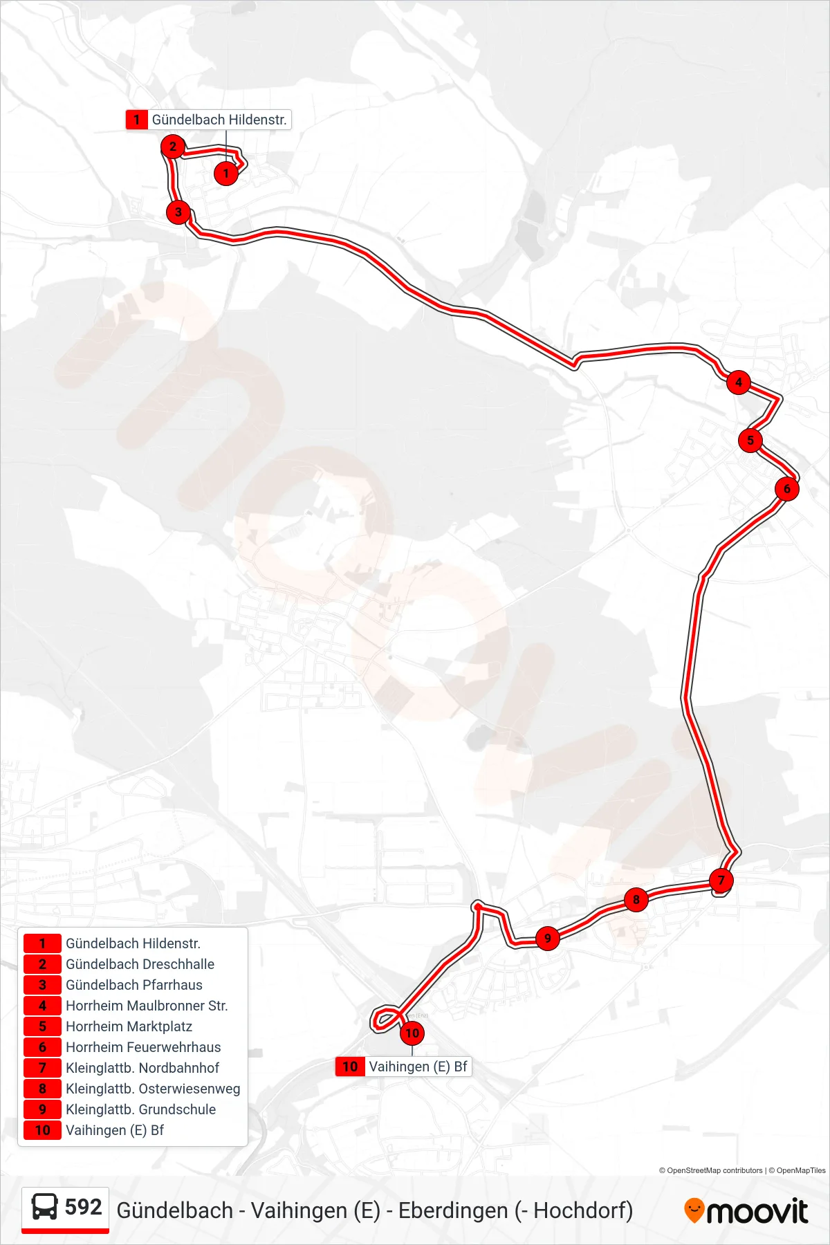 592 bus Line (Vaihingen (E) Bf) route and stops on a map