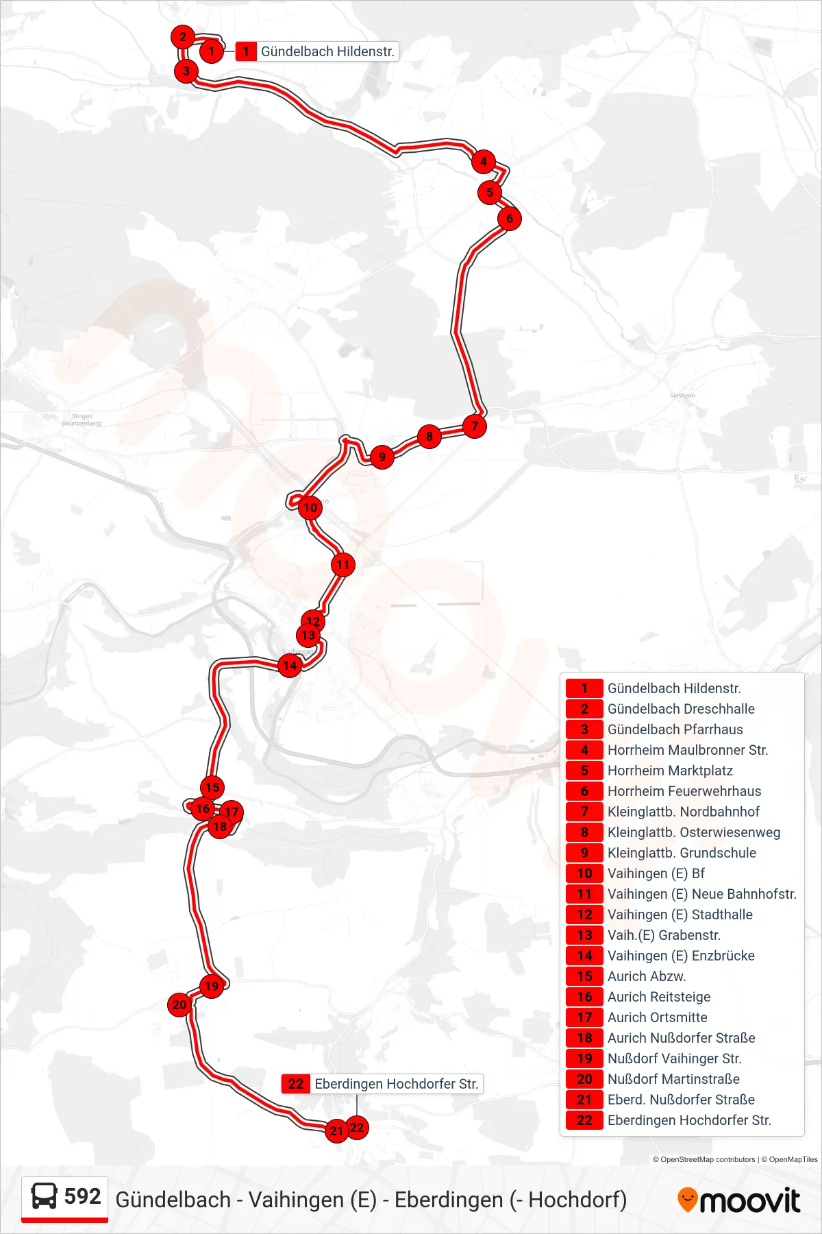 592 bus Line (Eberdingen Hochdorfer Str.) route and stops on a map