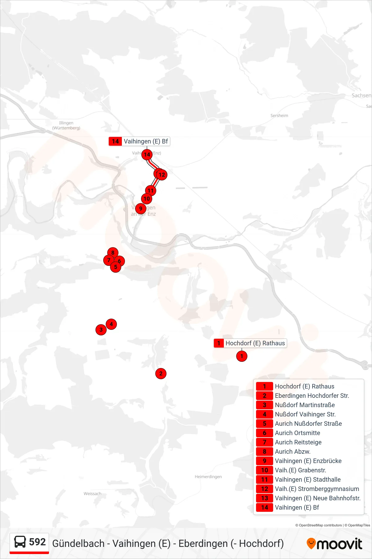 592 bus Line (Vaihingen (E) Bf) route and stops on a map