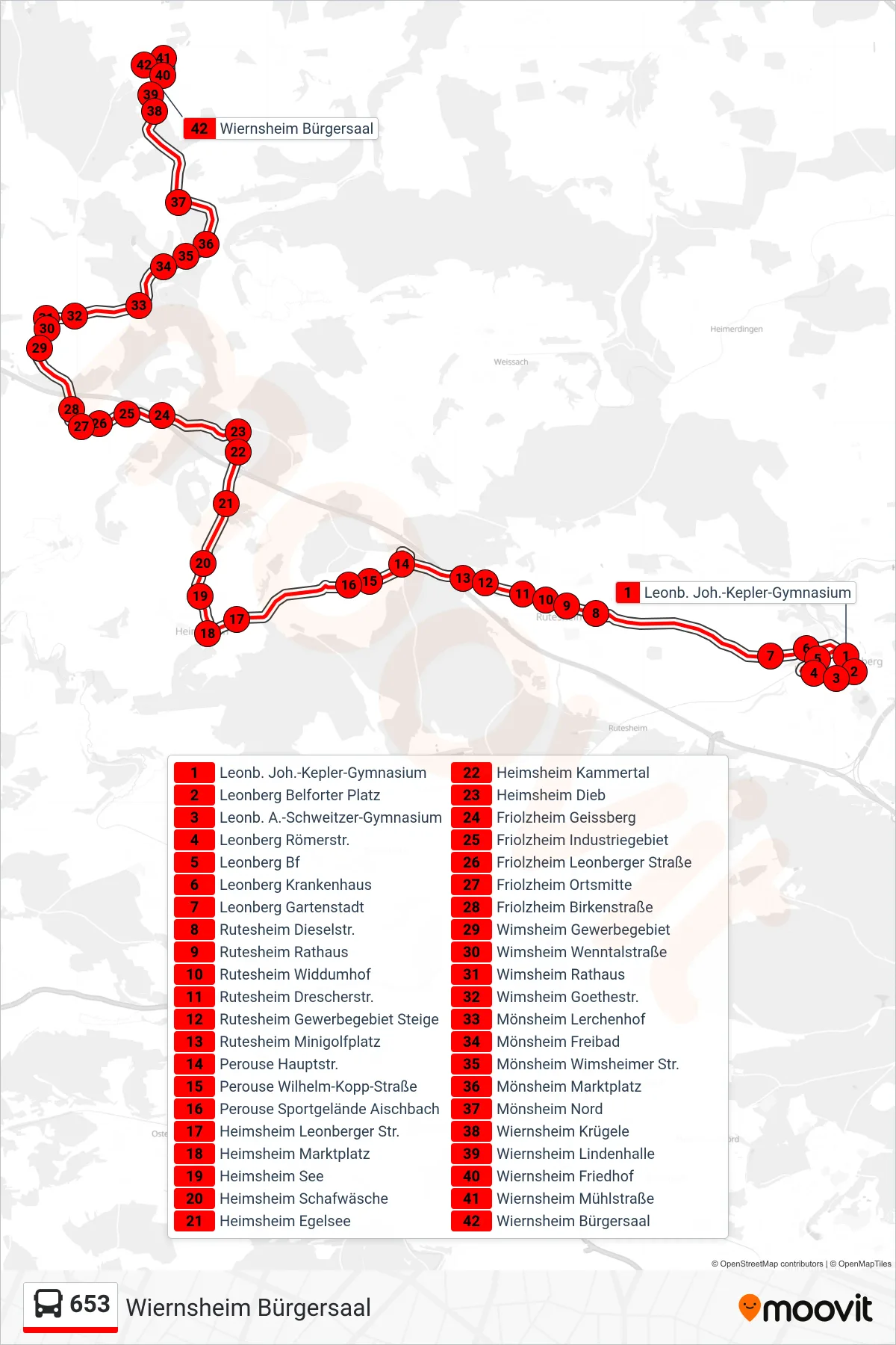 653 bus Line (Wiernsheim Bürgersaal) route and stops on a map