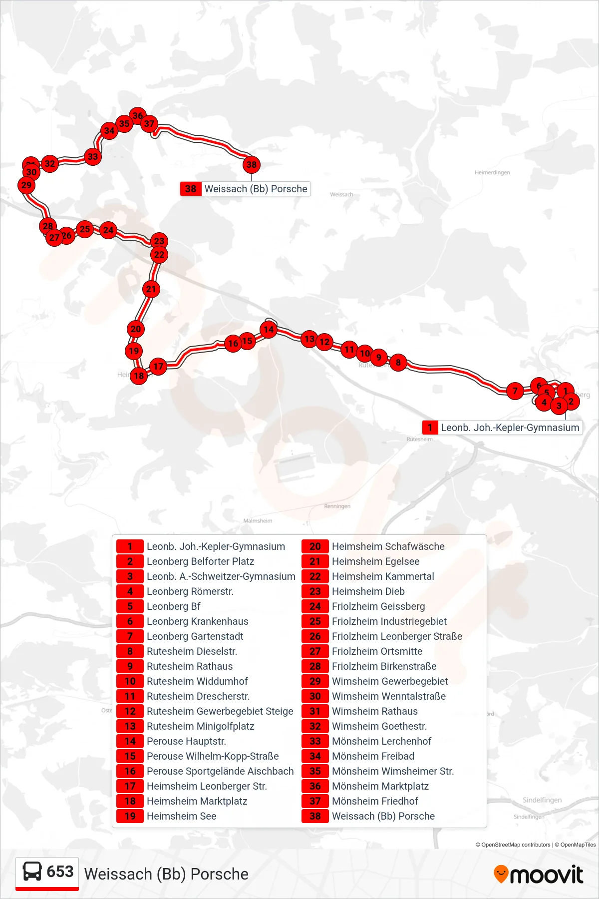 653 bus Line (Weissach (Bb) Porsche) route and stops on a map