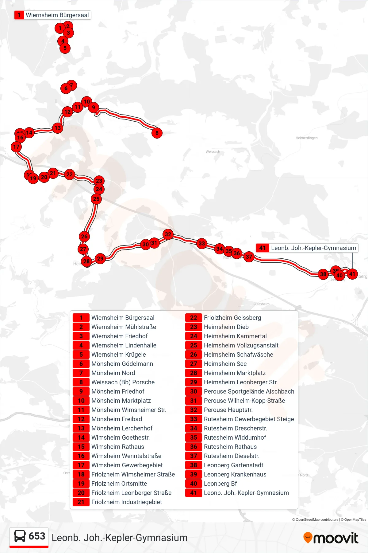 653 bus Line (Leonb. Joh.-Kepler-Gymnasium) route and stops on a map