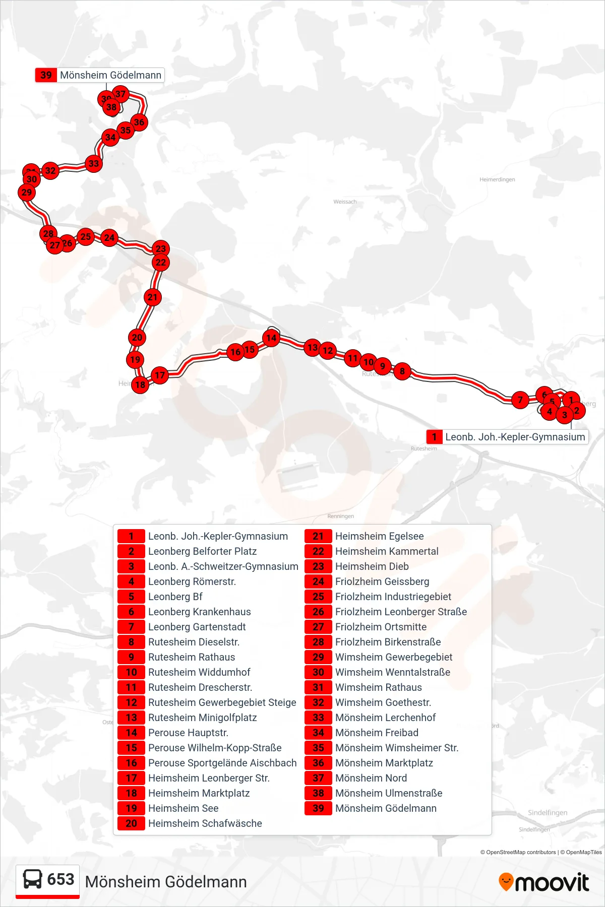 Linie 653 (Bus) Richtung Mönsheim Gödelmann: Route und Haltestellen auf der Karte