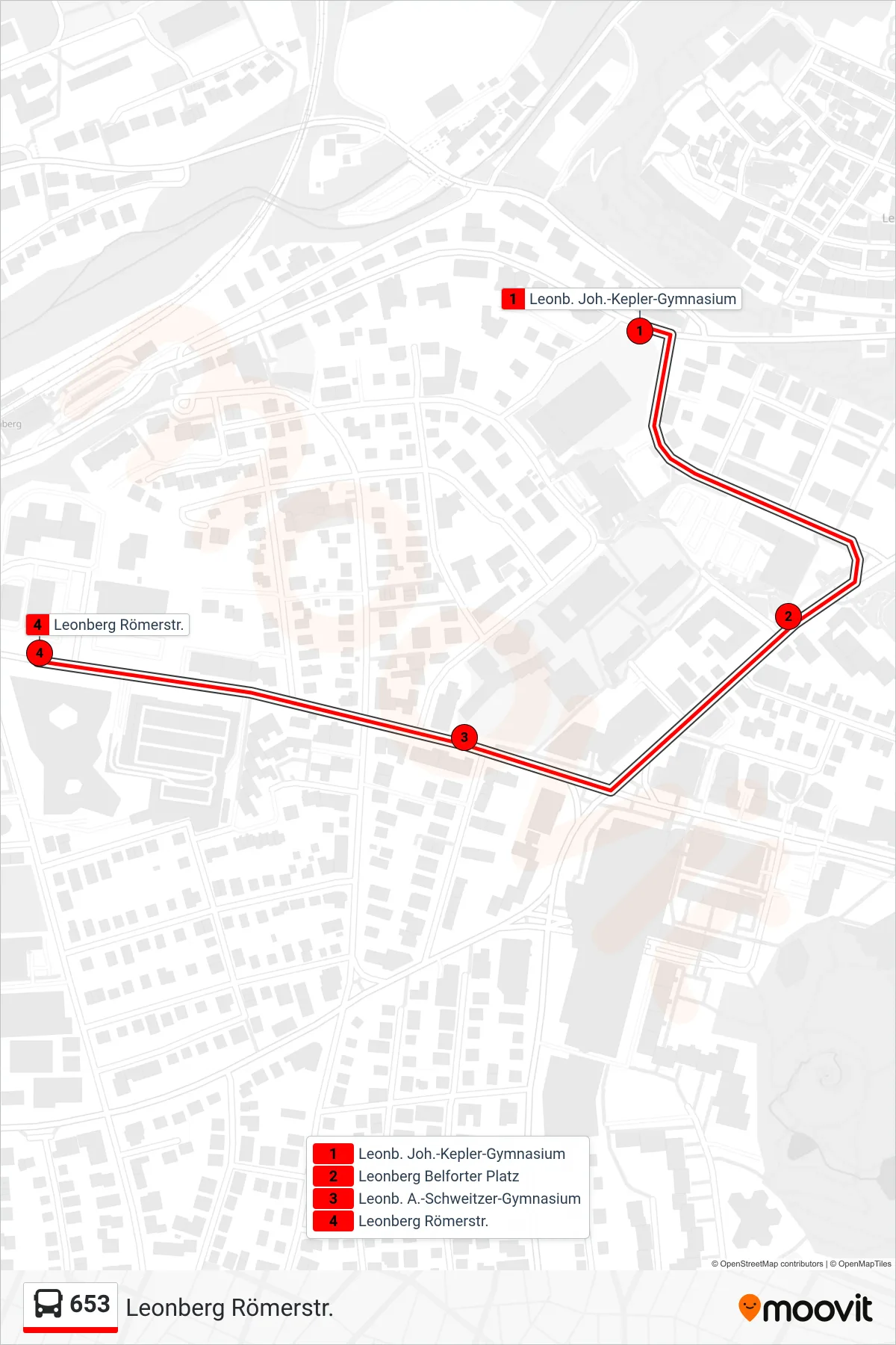 653 bus Line (Leonberg Römerstr.) route and stops on a map
