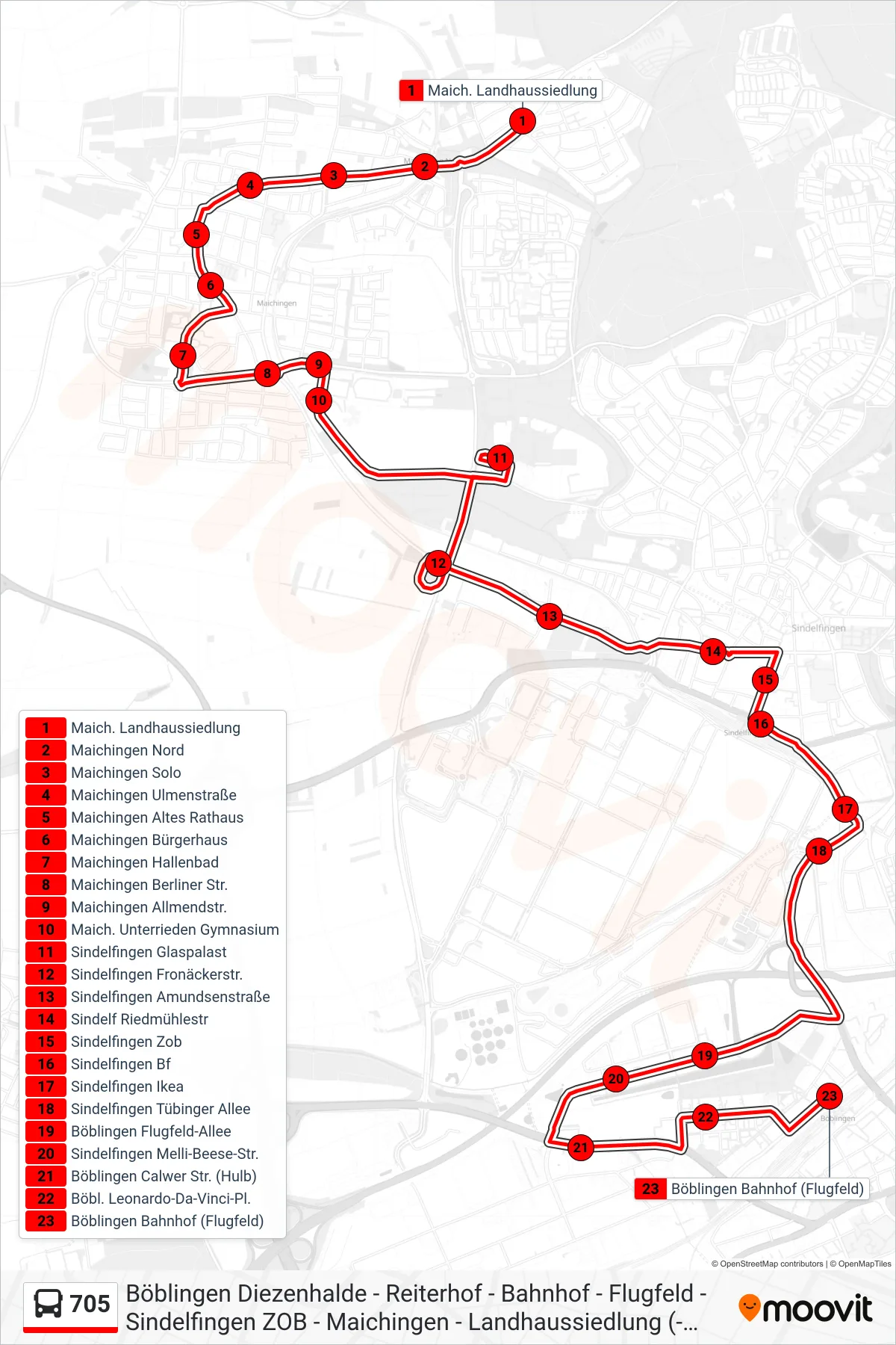 705 bus Line (Böblingen Bahnhof (Flugfeld)) route and stops on a map