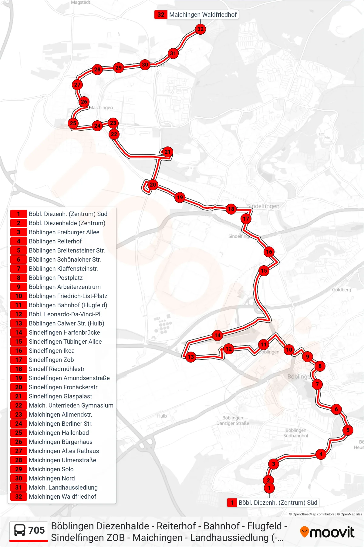 705 bus Line (Maichingen Waldfriedhof) route and stops on a map