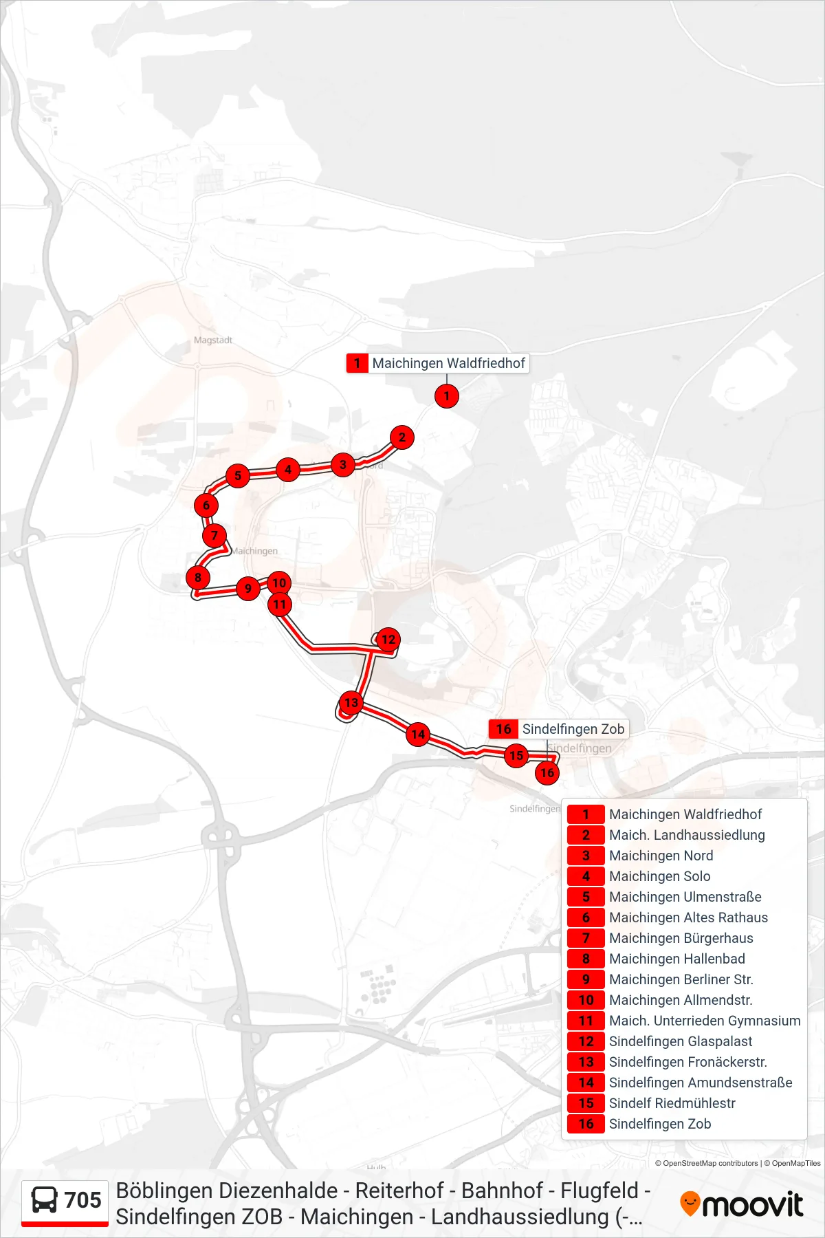 705 bus Line (Sindelfingen Zob) route and stops on a map