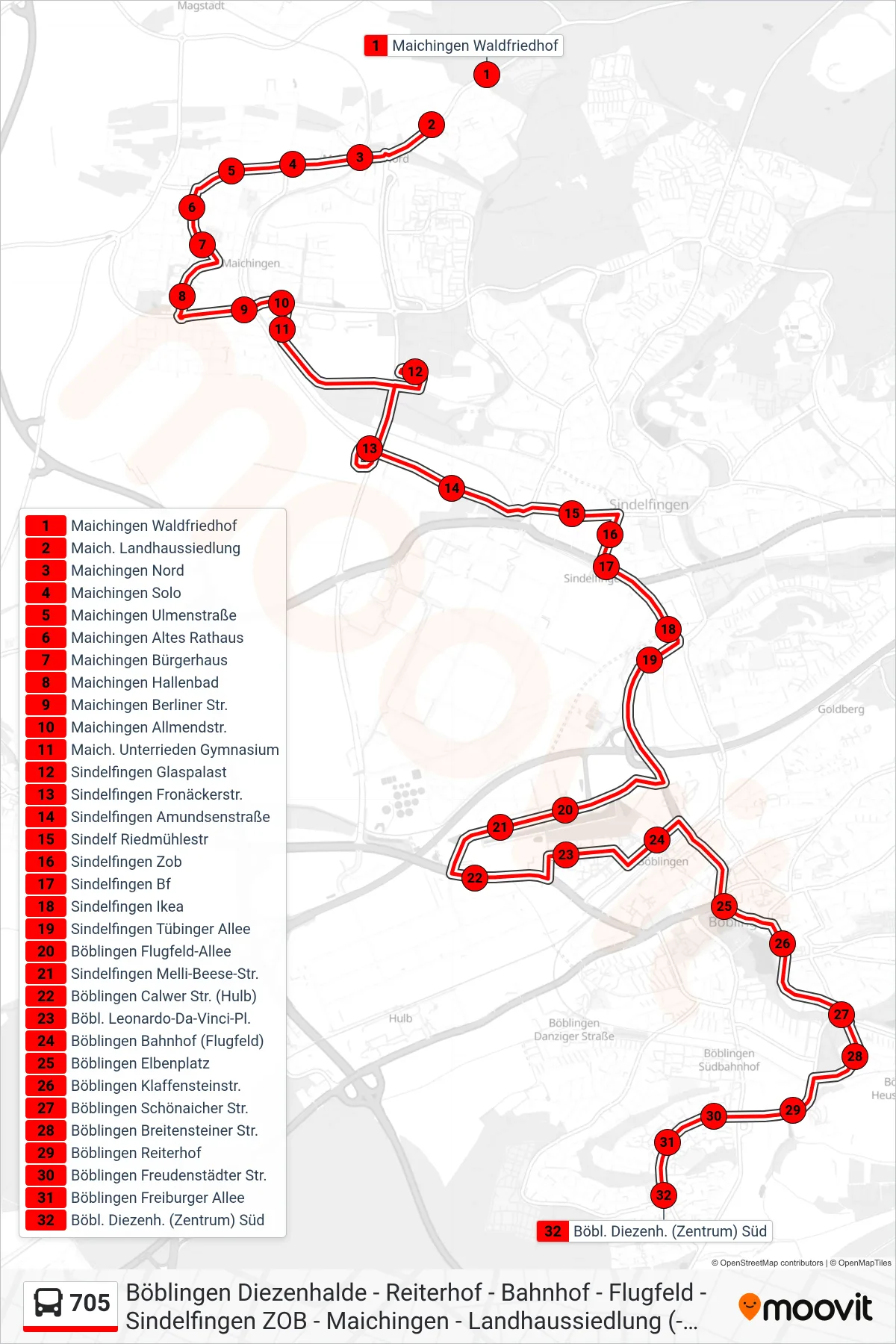 705 bus Line (Böbl. Diezenh. (Zentrum) Süd) route and stops on a map