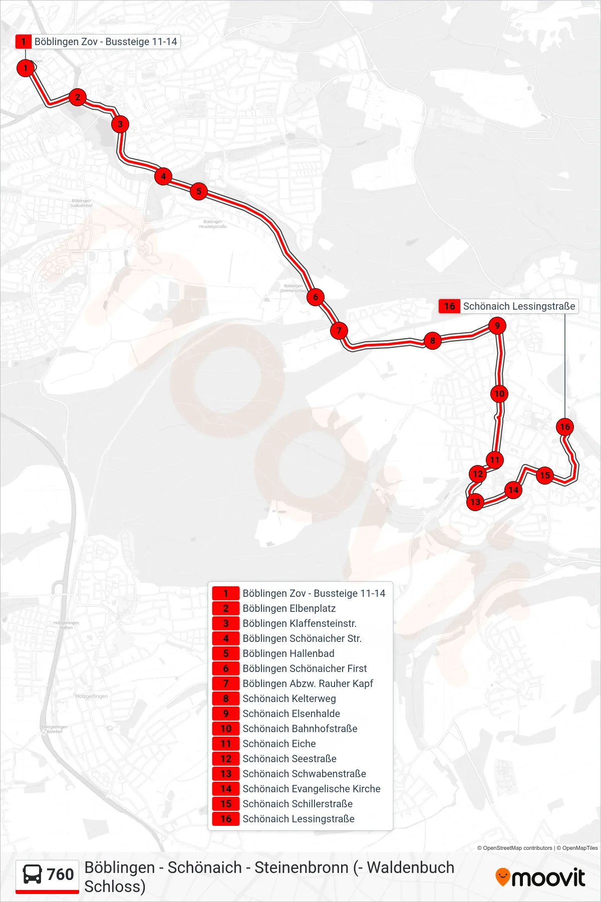 Linie 760 (Bus) Richtung Schönaich Lessingstraße: Route und Haltestellen auf der Karte