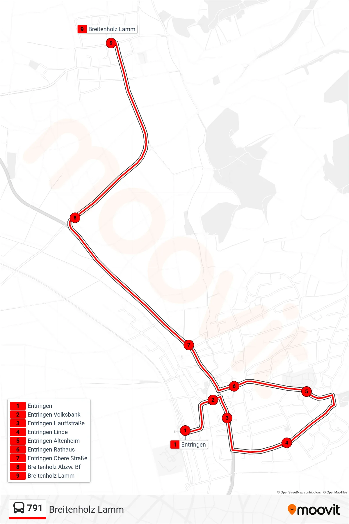 791 bus Line (Breitenholz Lamm) route and stops on a map
