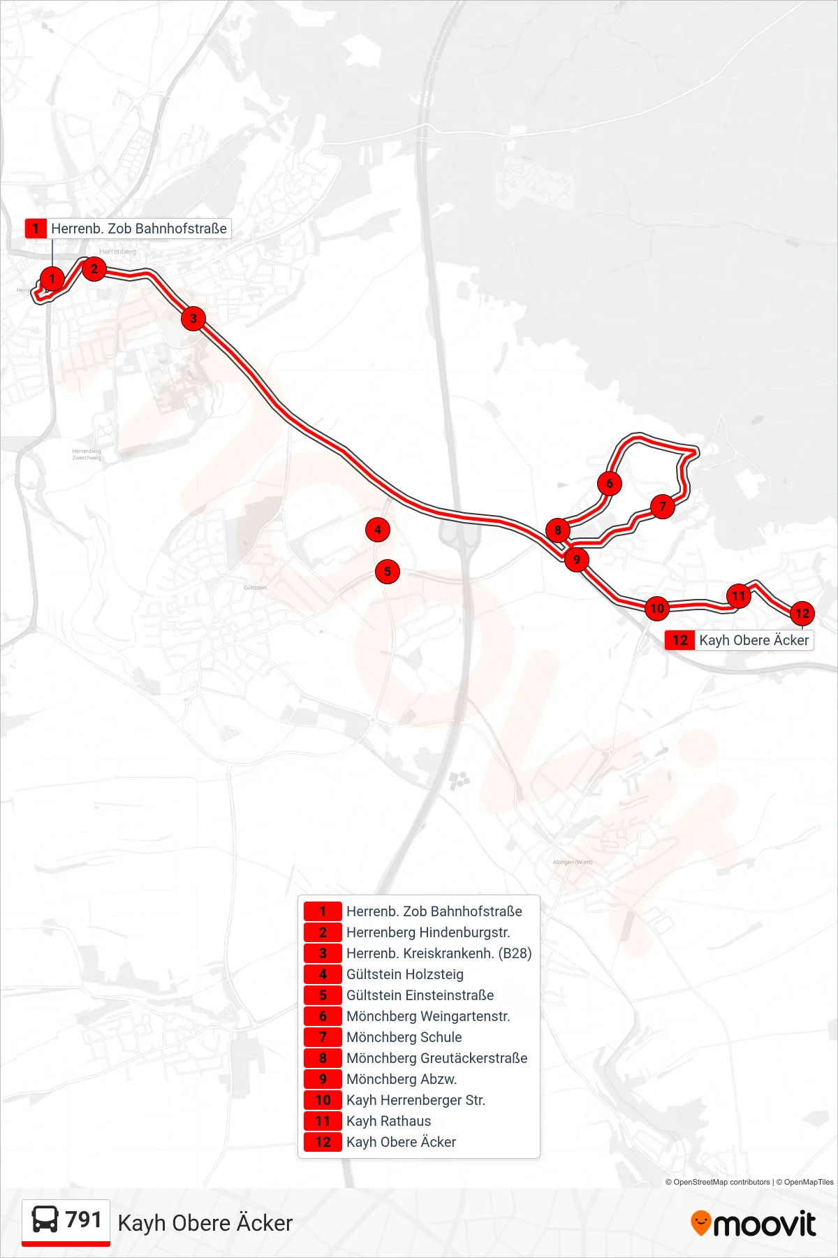 791 bus Line (Kayh Obere Äcker) route and stops on a map