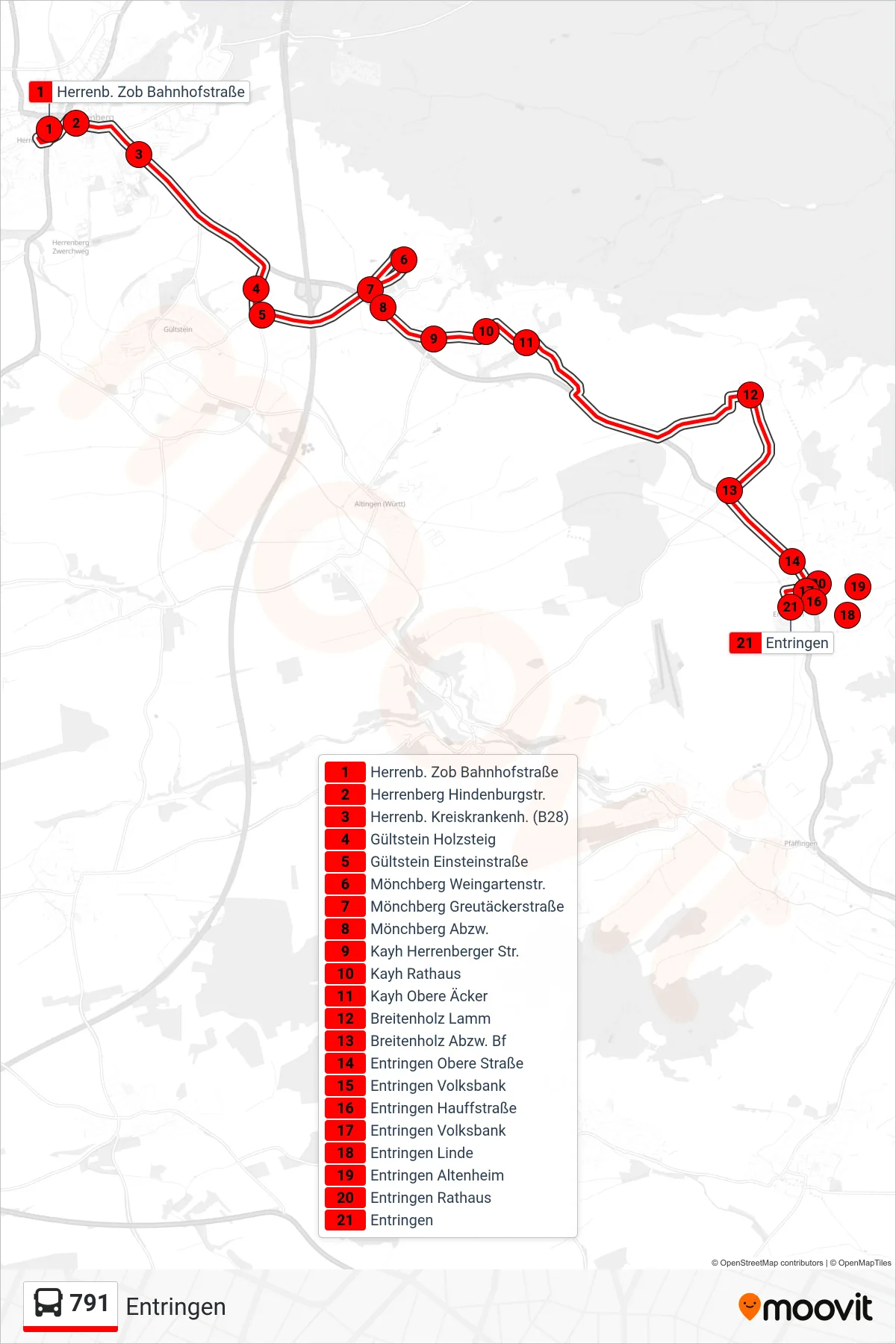 791 bus Line (Entringen) route and stops on a map