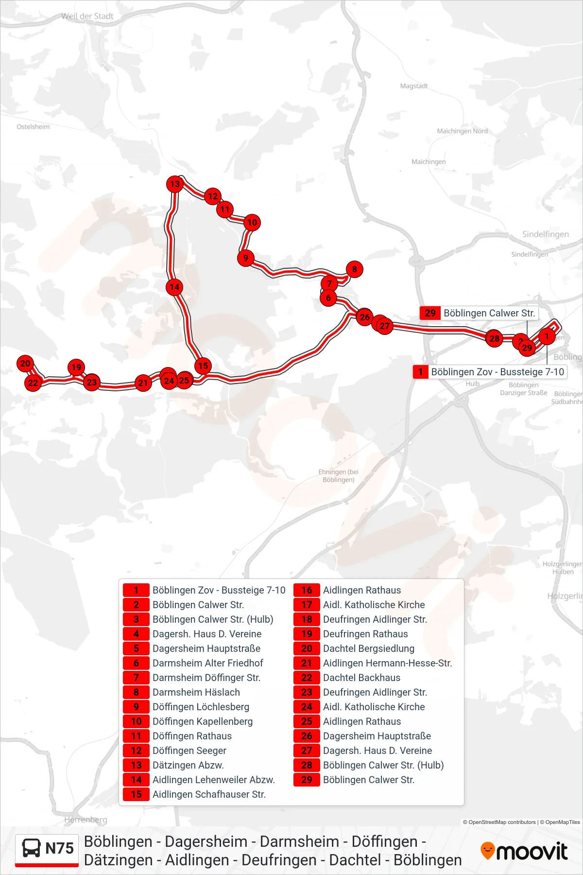 Linie N75 (Bus) Richtung Böblingen Zob: Route und Haltestellen auf der Karte