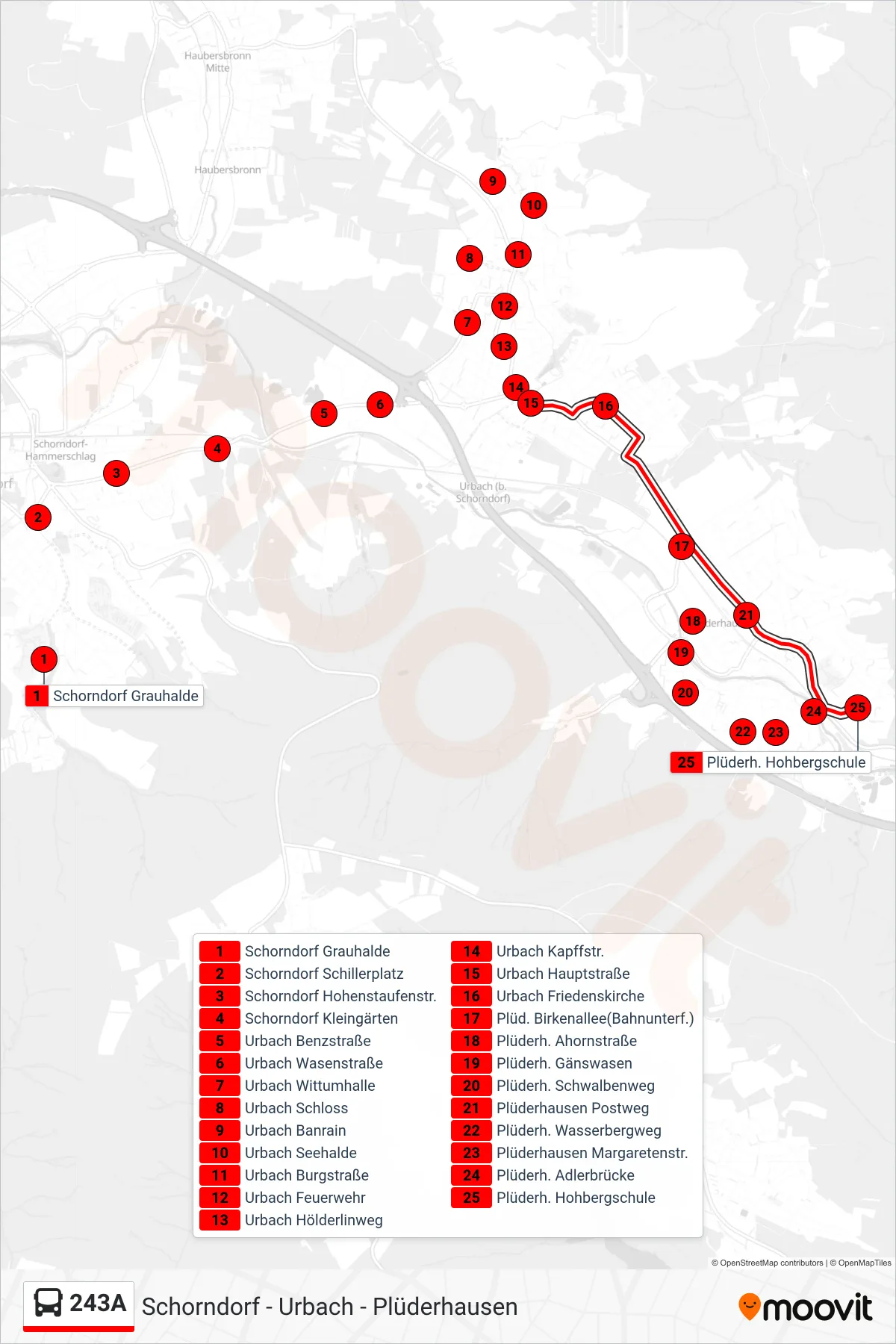 243A bus Line (Plüderh. Hohbergschule) route and stops on a map