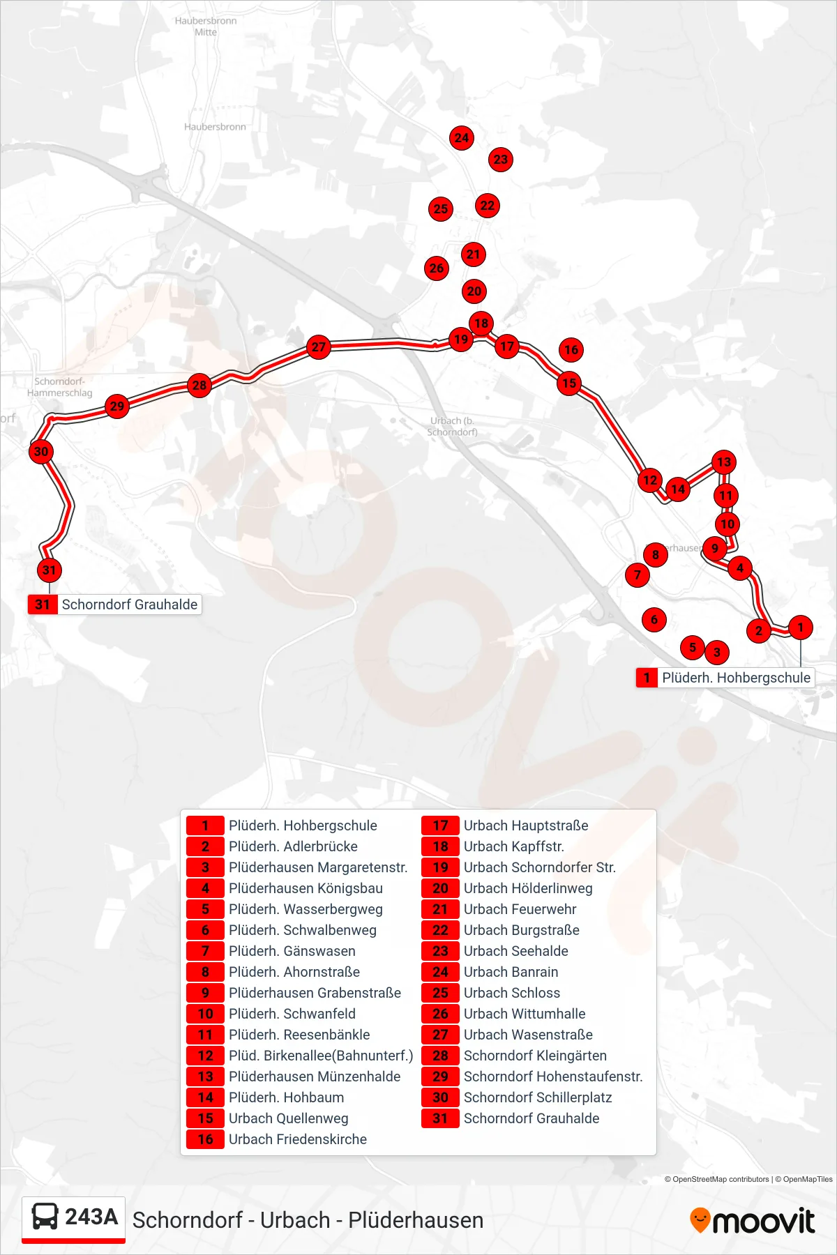 Linie 243A (Bus) Richtung Schorndorf Grauhalde: Route und Haltestellen auf der Karte