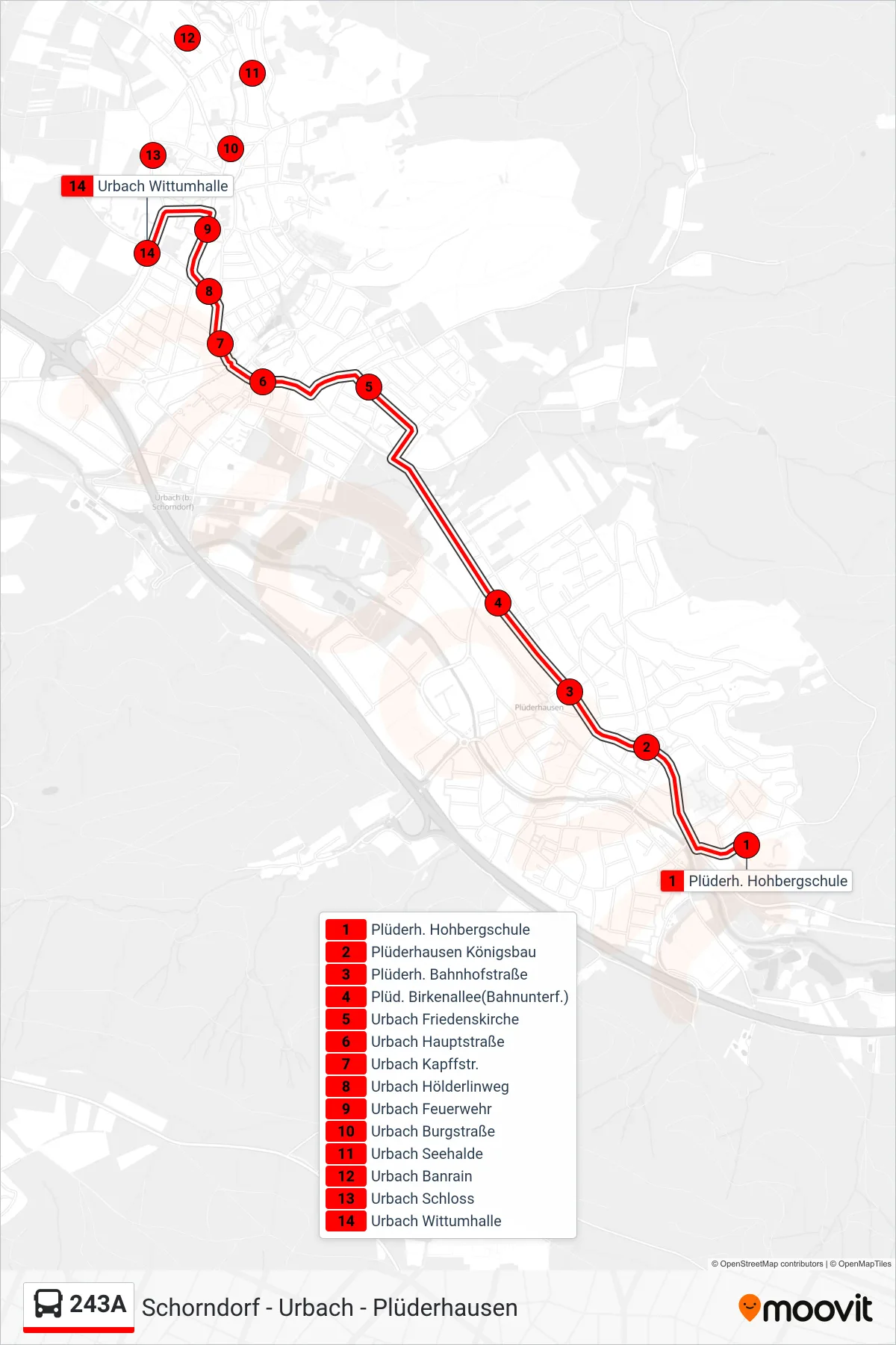 243A bus Line (Urbach Wittumhalle) route and stops on a map