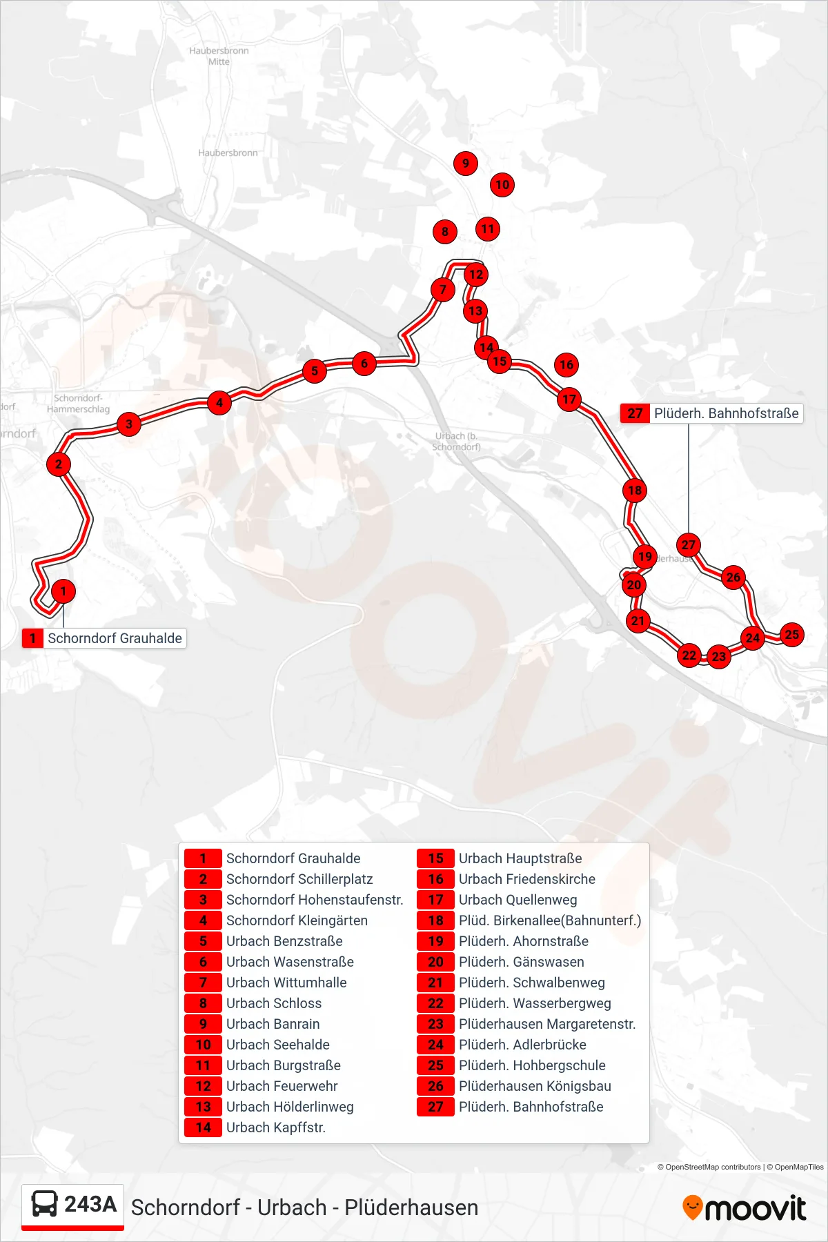 243A bus Line (Plüderh. Bahnhofstraße) route and stops on a map