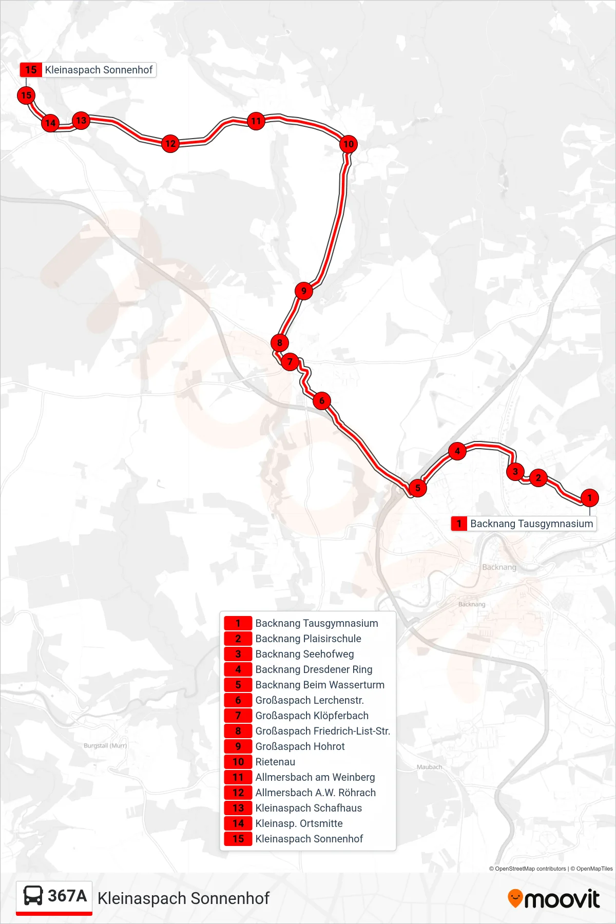 Linie 367A (Bus) Richtung Kleinaspach Sonnenhof: Route und Haltestellen auf der Karte