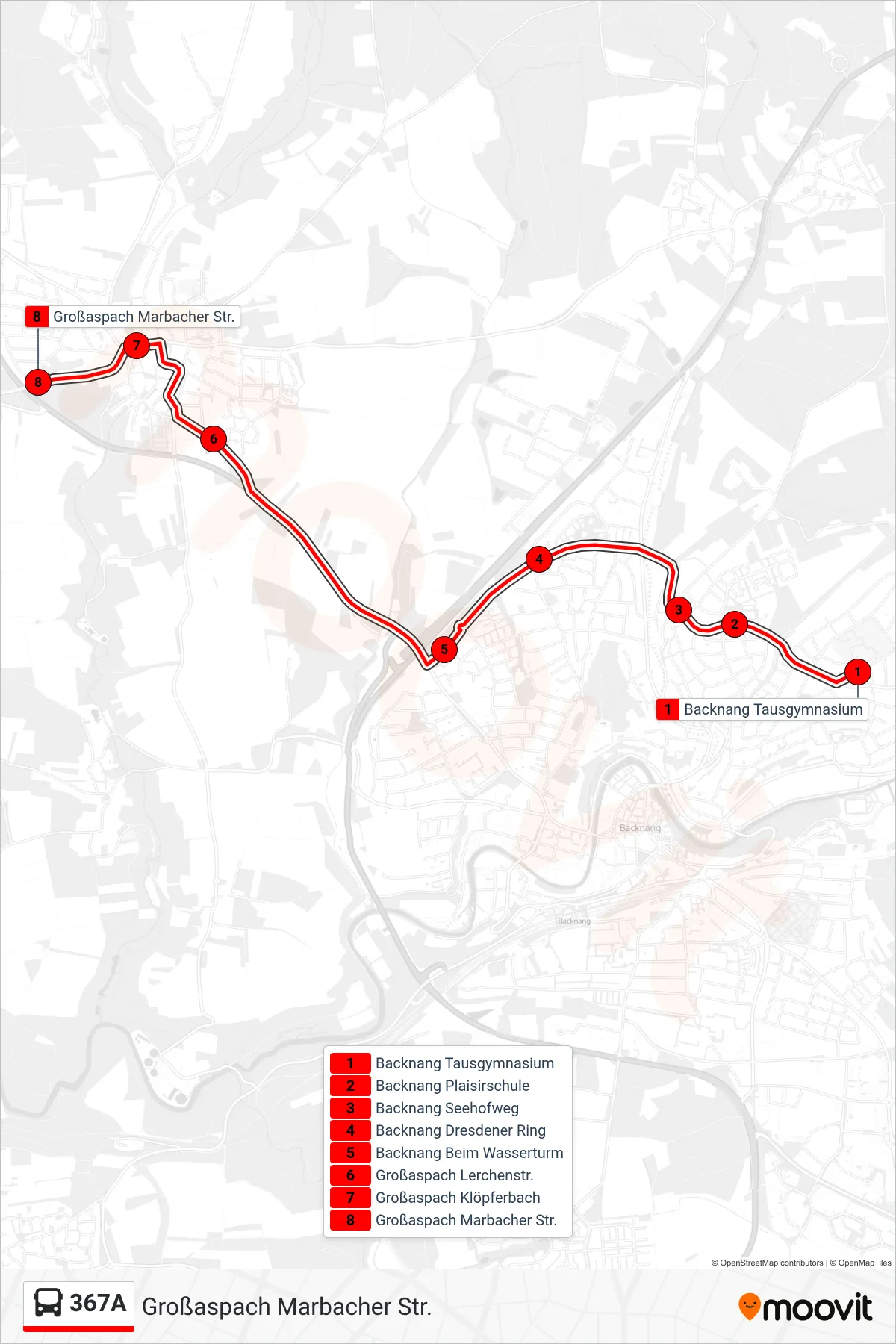 367A bus Line (Großaspach Marbacher Str.) route and stops on a map