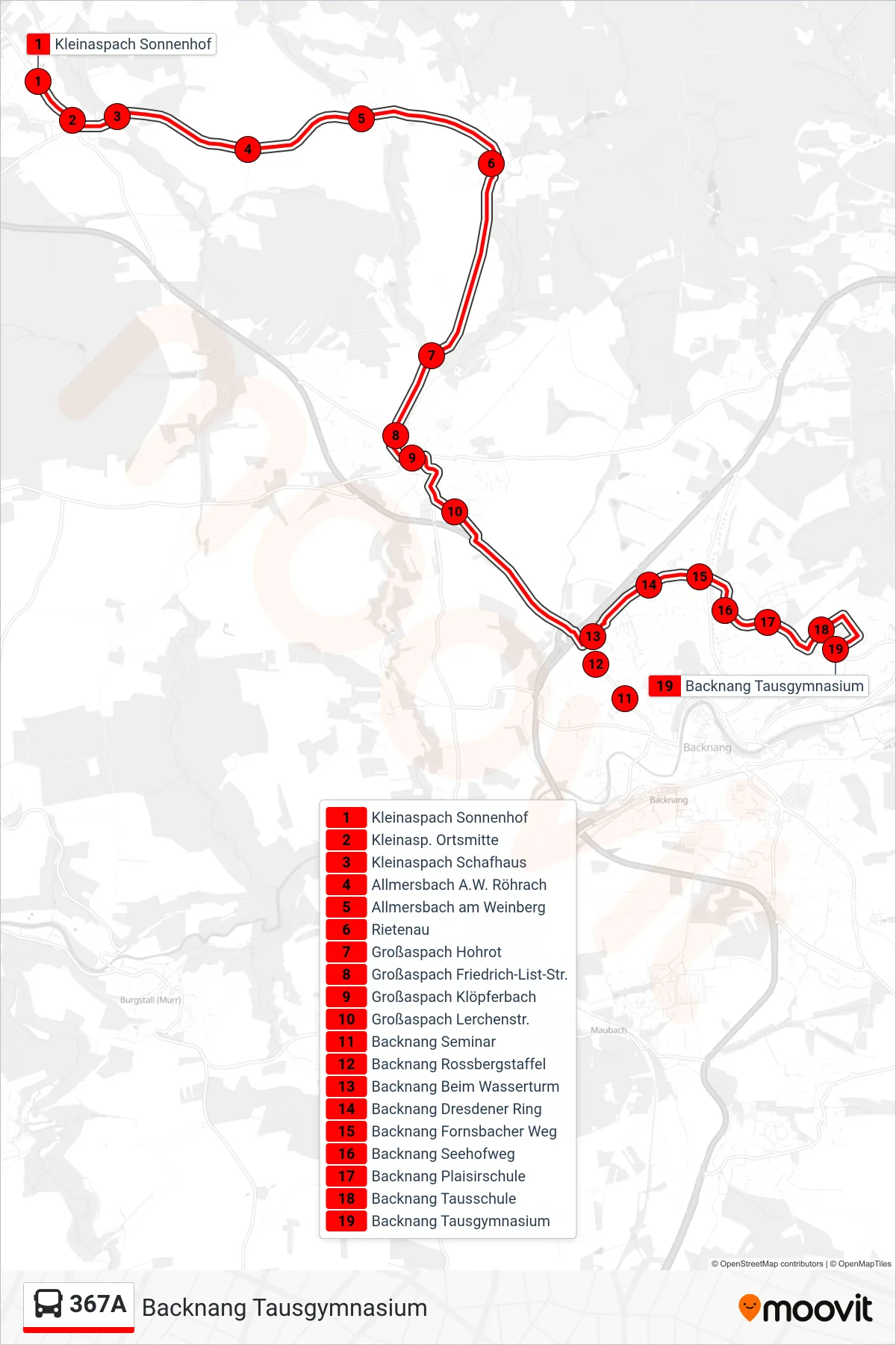 367A bus Line (Backnang Tausgymnasium) route and stops on a map