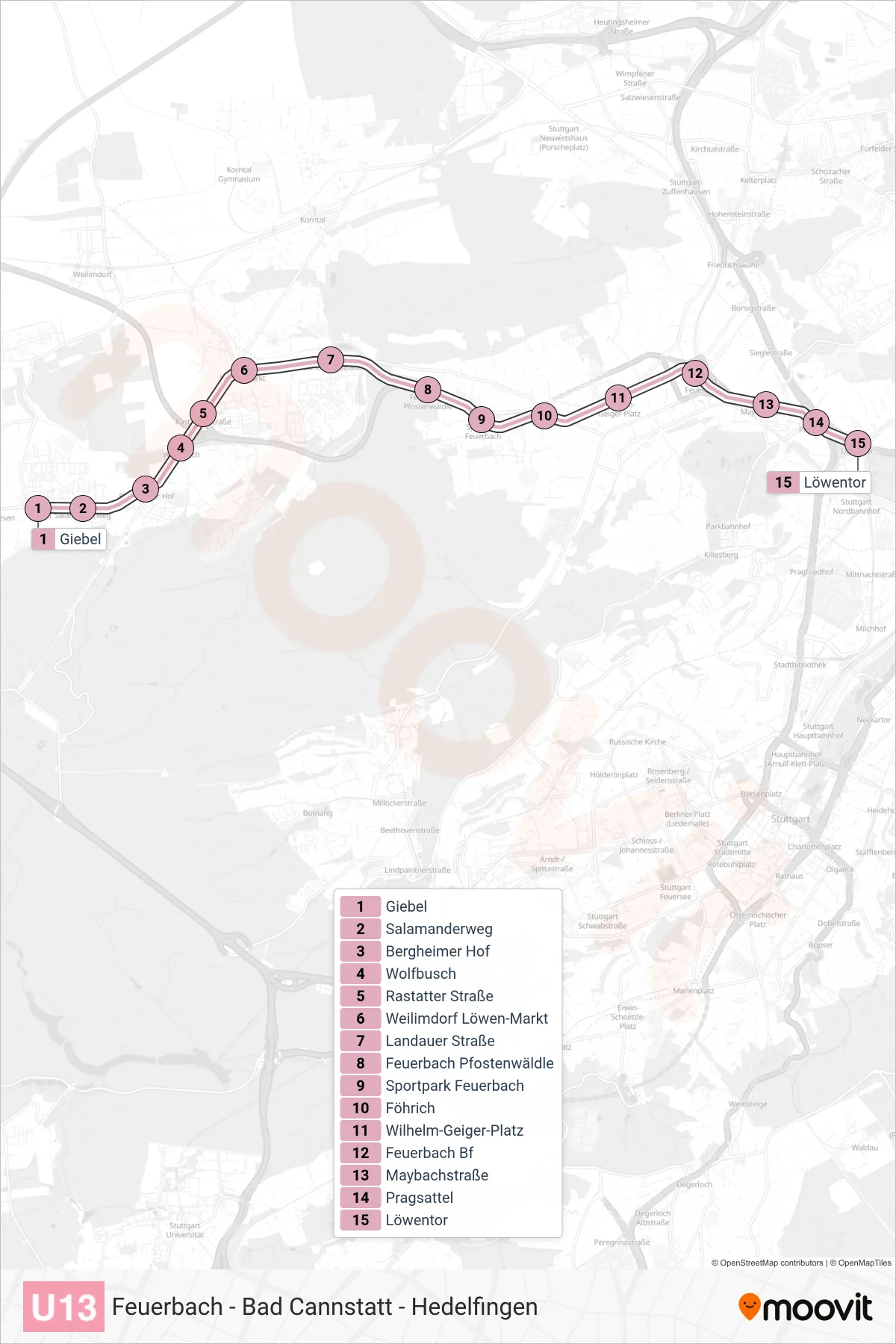 U13 subway Line (Löwentor) route and stops on a map