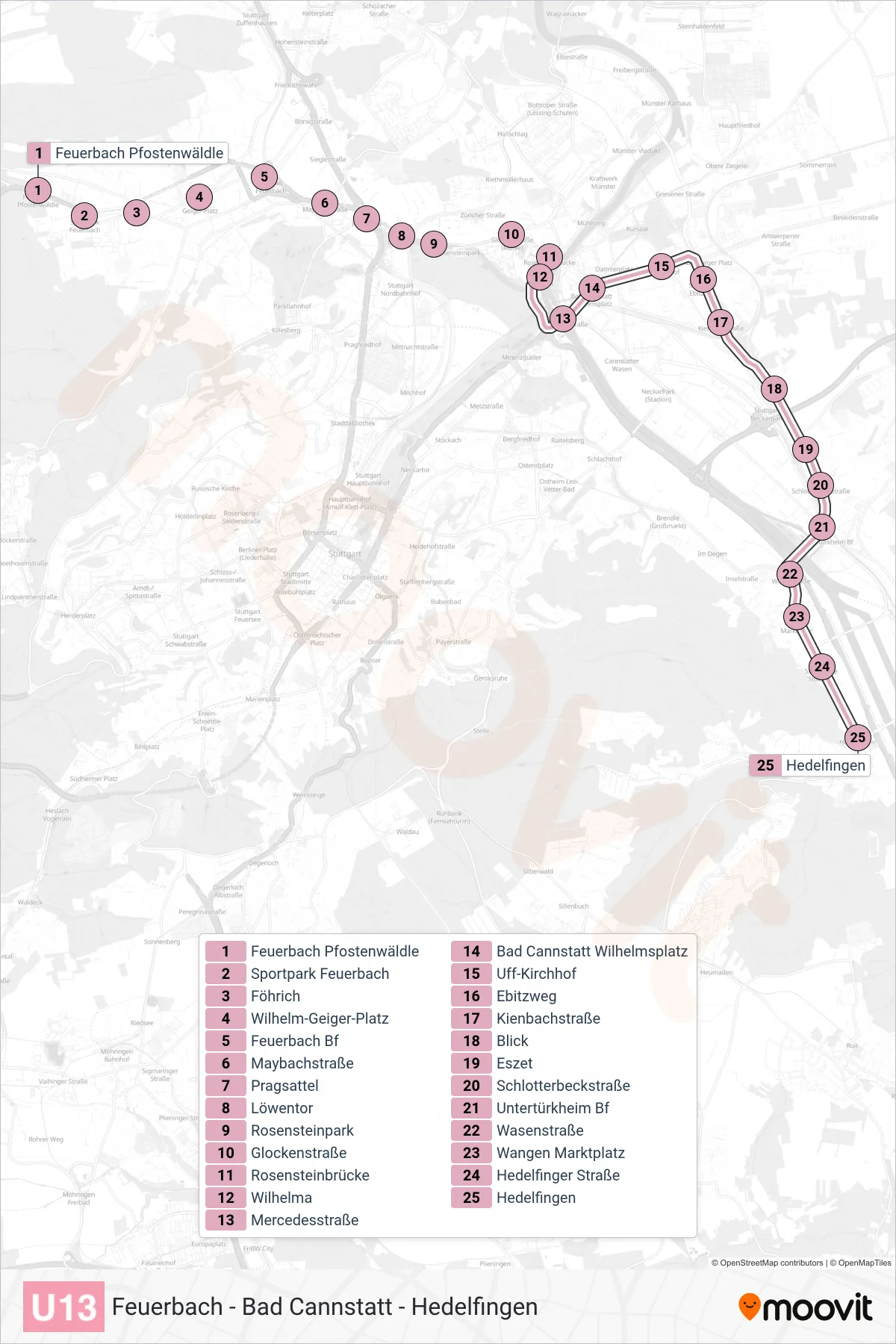 Linie U13 (U-Bahn) Richtung Hedelfingen: Route und Haltestellen auf der Karte