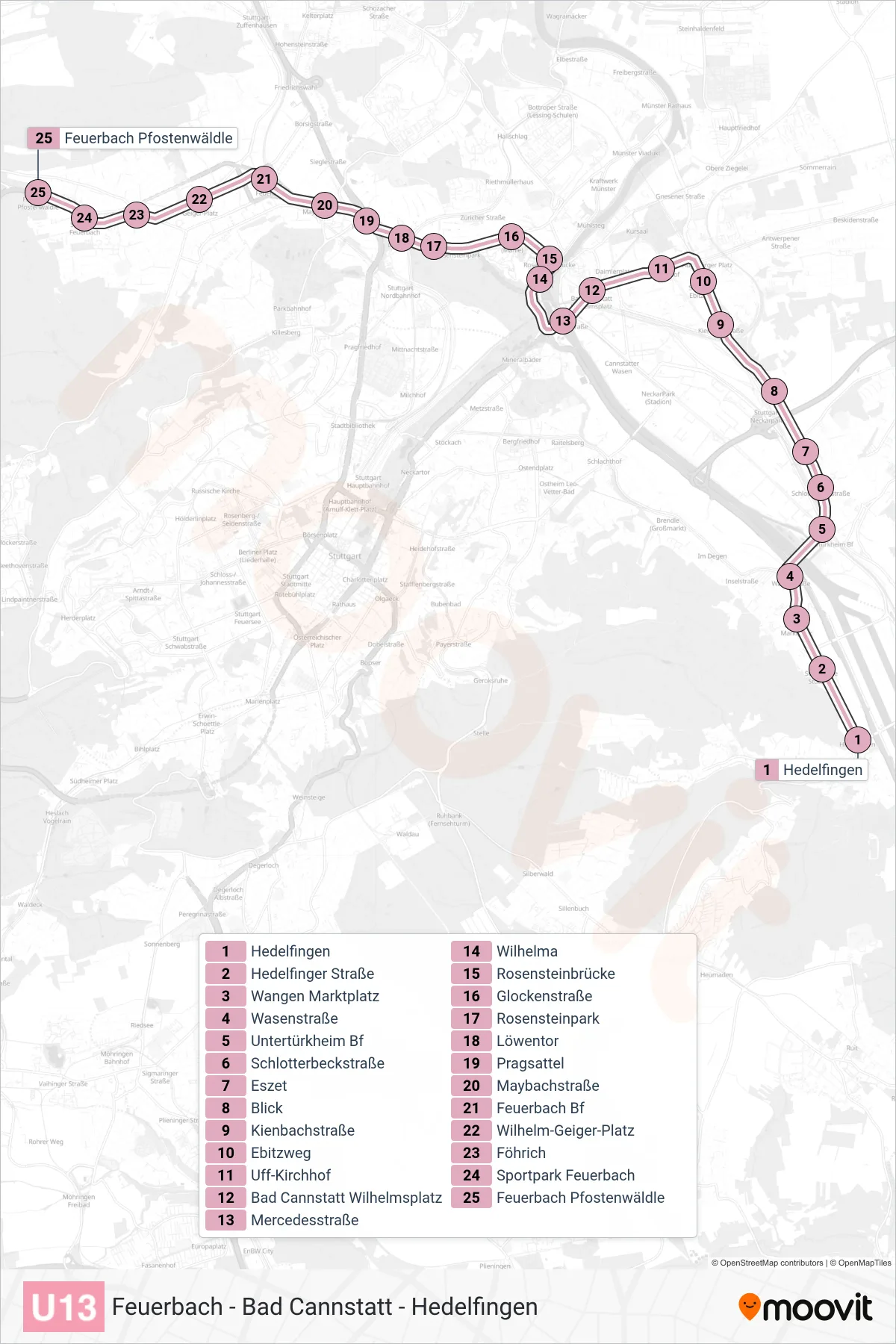 U13 subway Line (Feuerbach Pfostenwäldle) route and stops on a map