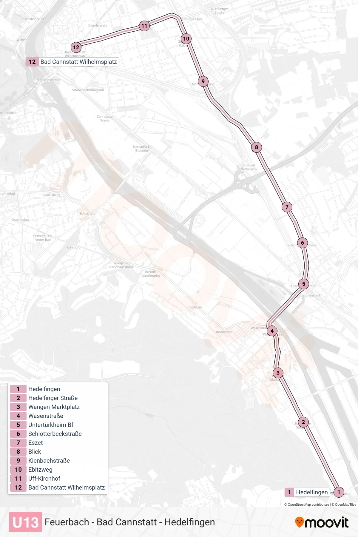 U13 subway Line (Bad Cannstatt Wilhelmsplatz) route and stops on a map
