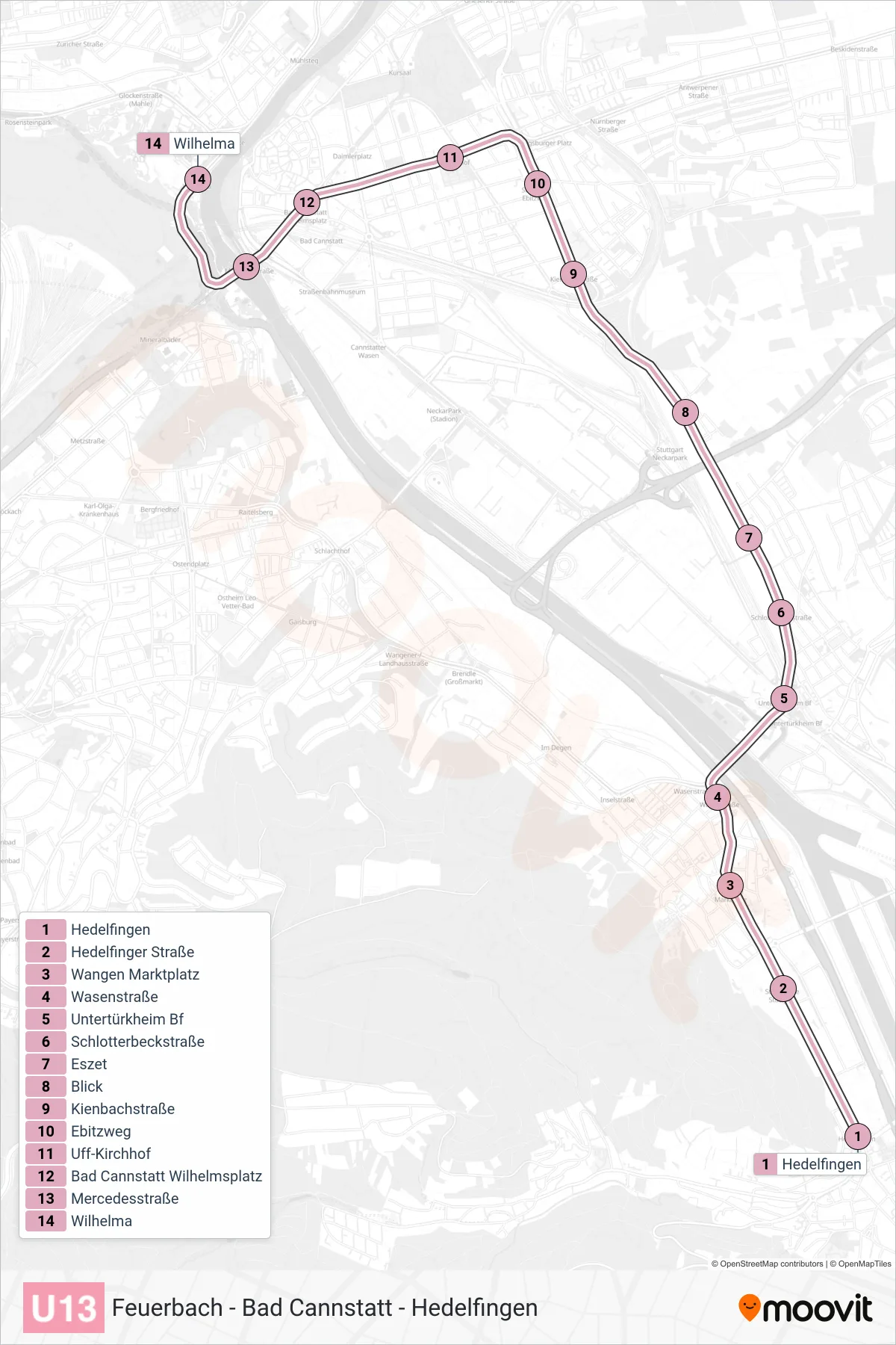 U13 subway Line (Wilhelma) route and stops on a map