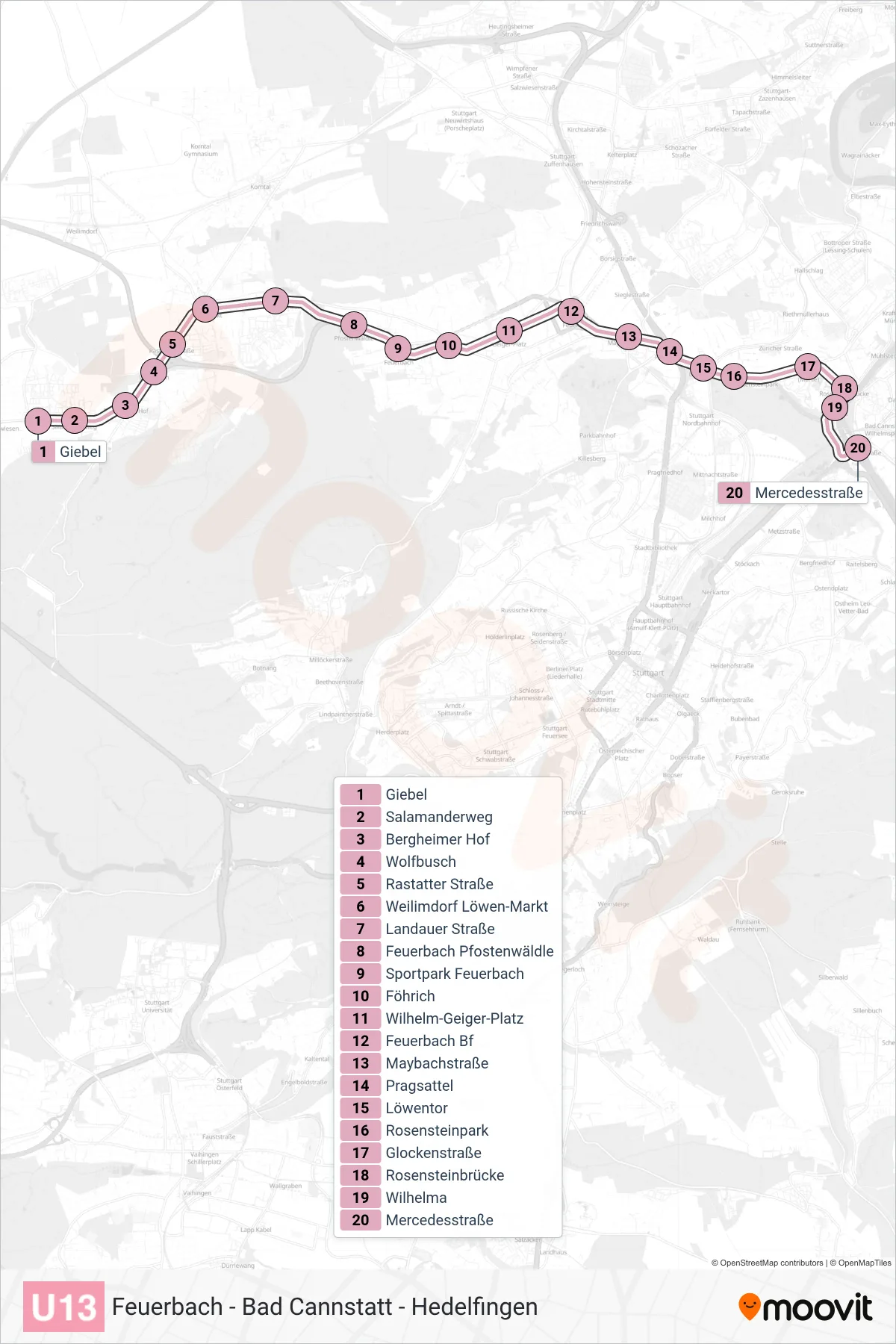 U13 subway Line (Mercedesstraße) route and stops on a map