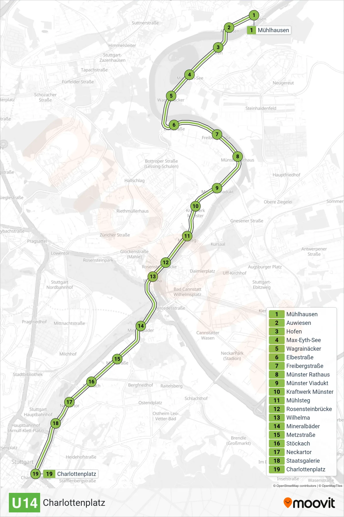 U14 subway Line (Charlottenplatz) route and stops on a map