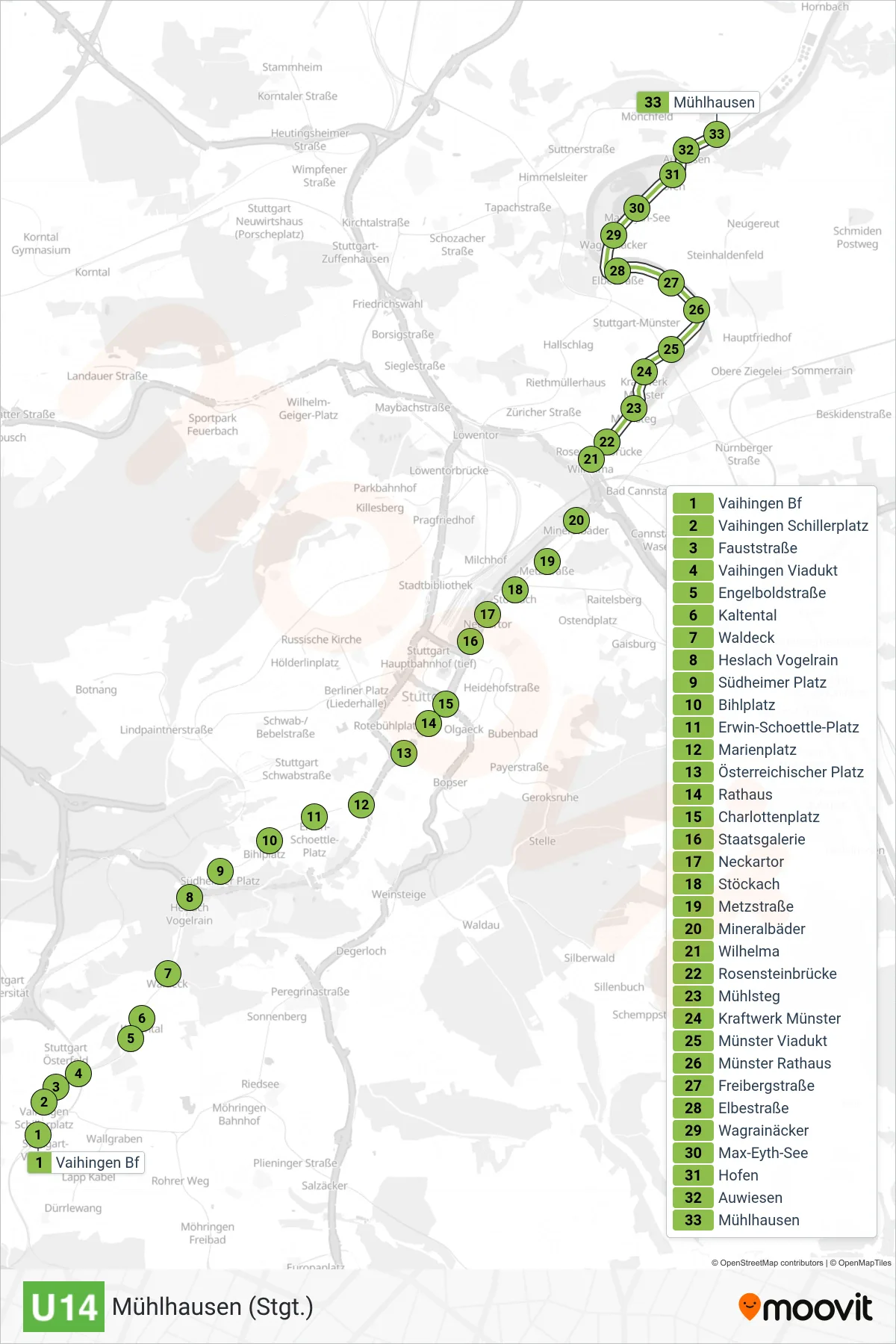 Linie U14 (U-Bahn) Richtung Mühlhausen (Stgt.): Route und Haltestellen auf der Karte