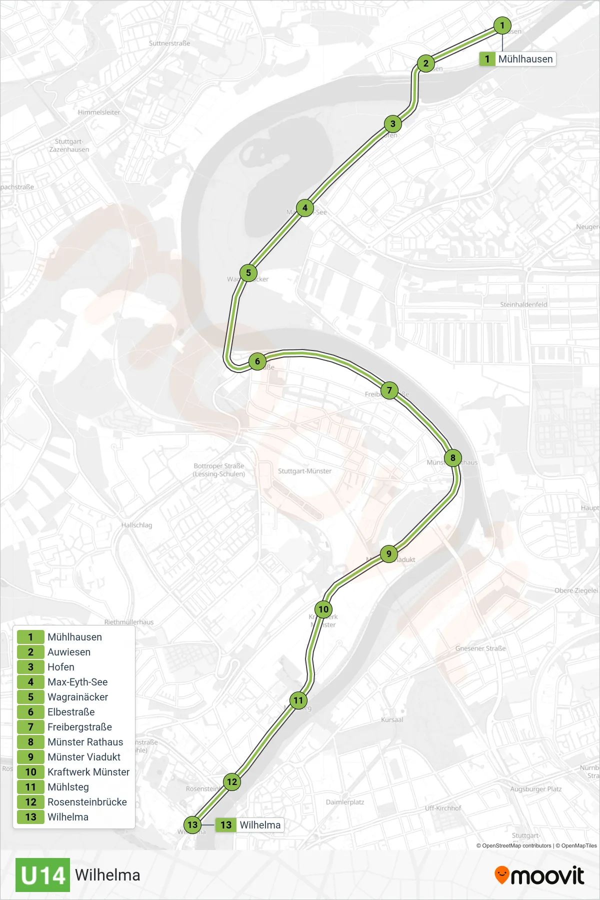 U14 subway Line (Wilhelma) route and stops on a map