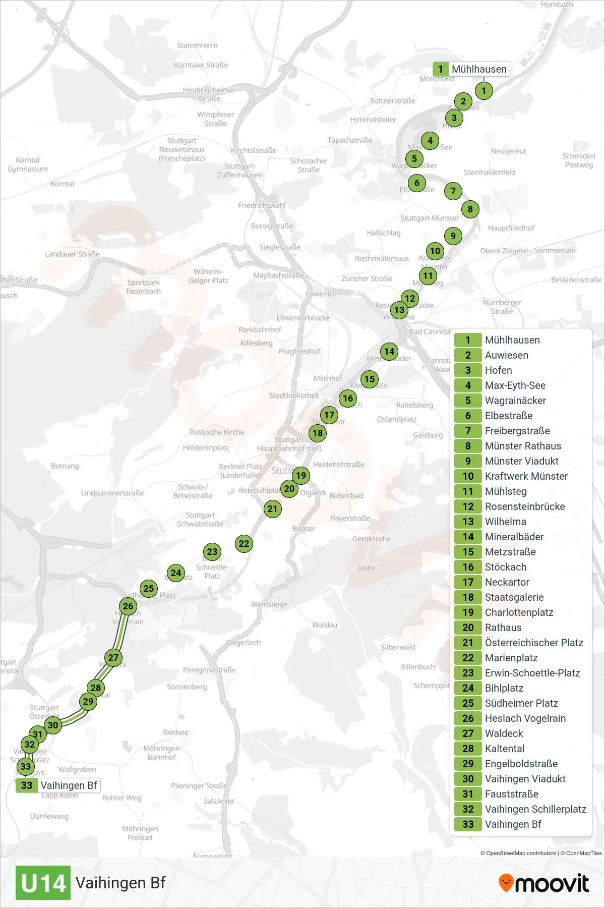 U14 subway Line (Vaihingen Bf) route and stops on a map