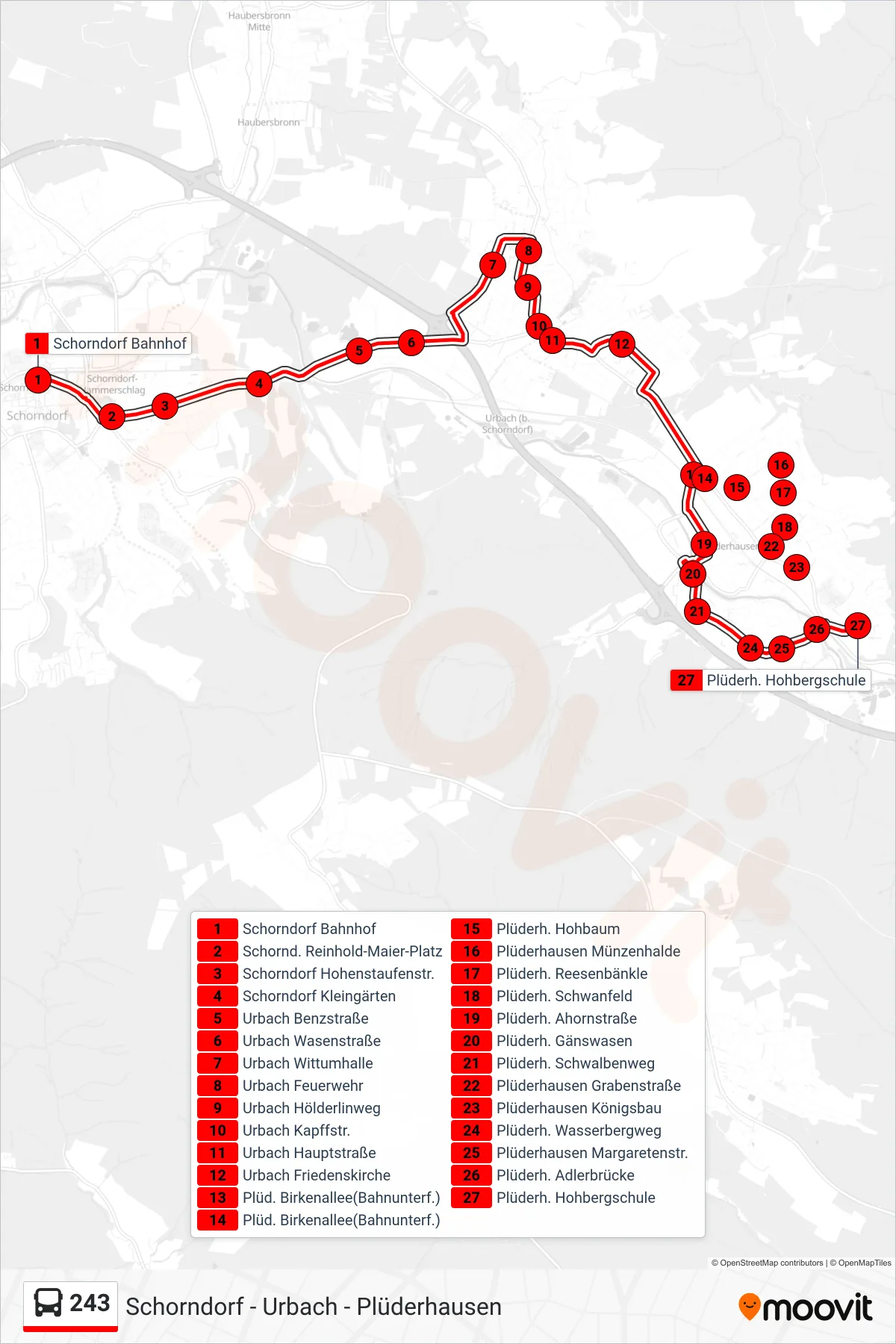 243 bus Line (Plüderh. Hohbergschule) route and stops on a map