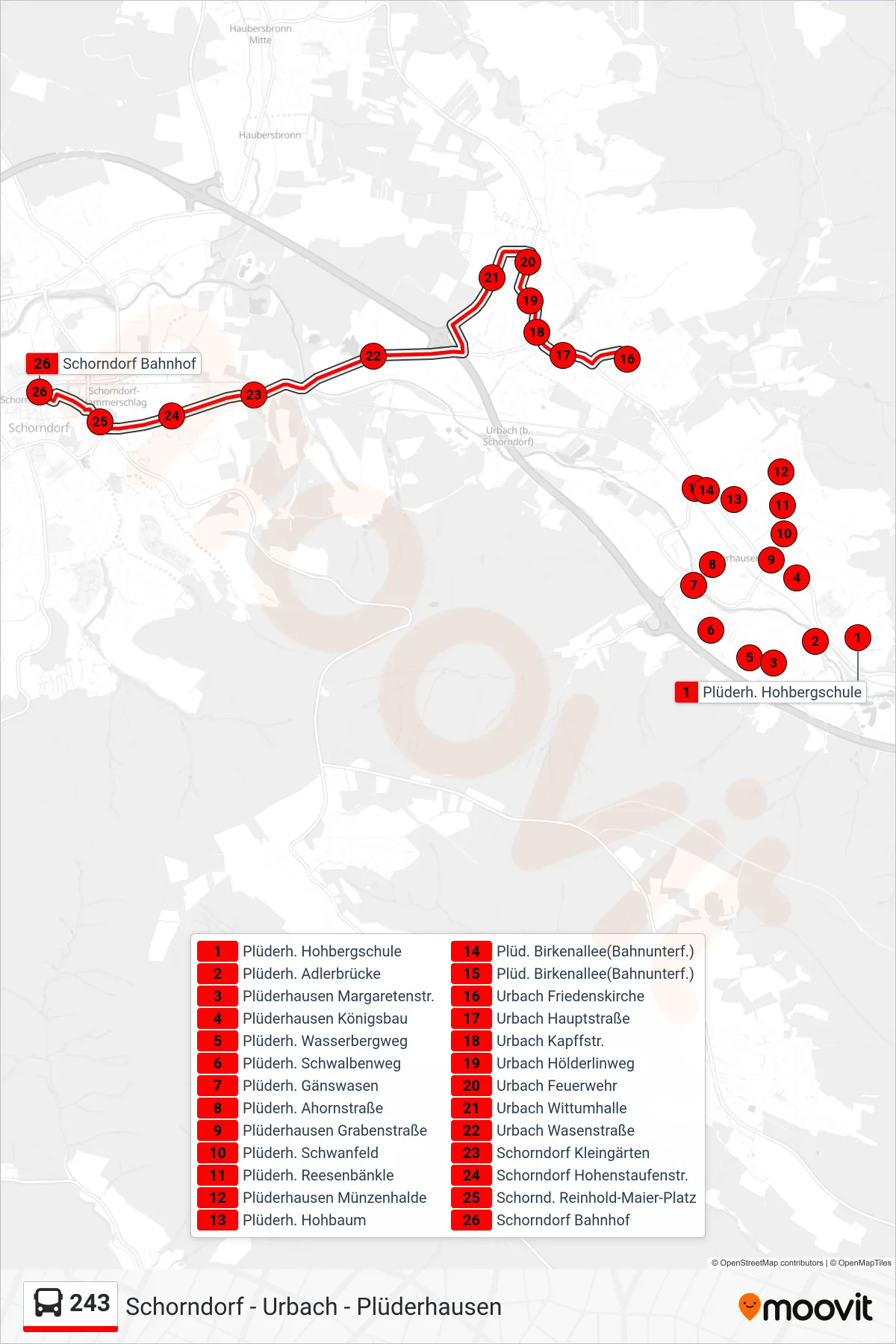 243 bus Line (Schorndorf Bf) route and stops on a map