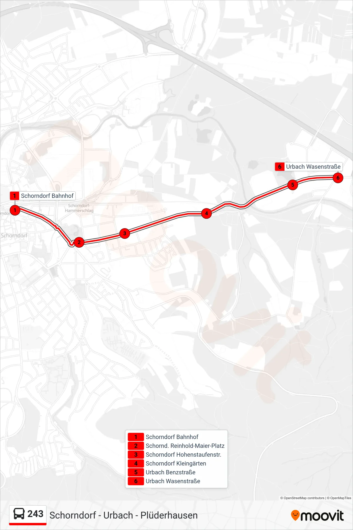 Linie 243 (Bus) Richtung Urbach Wasenstraße: Route und Haltestellen auf der Karte